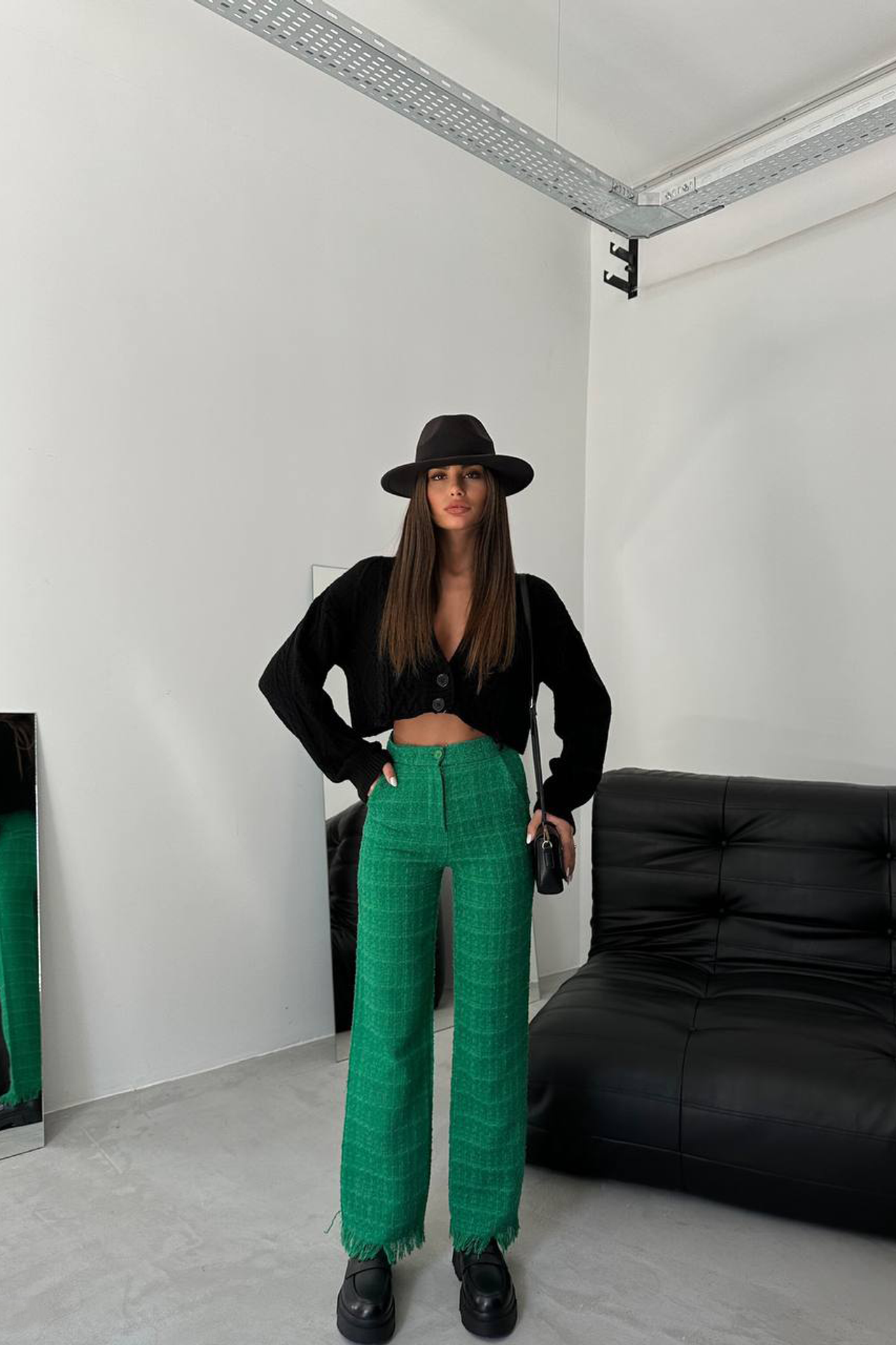 Tweed High Waist Straight Leg Trousers with a Tassel Hem