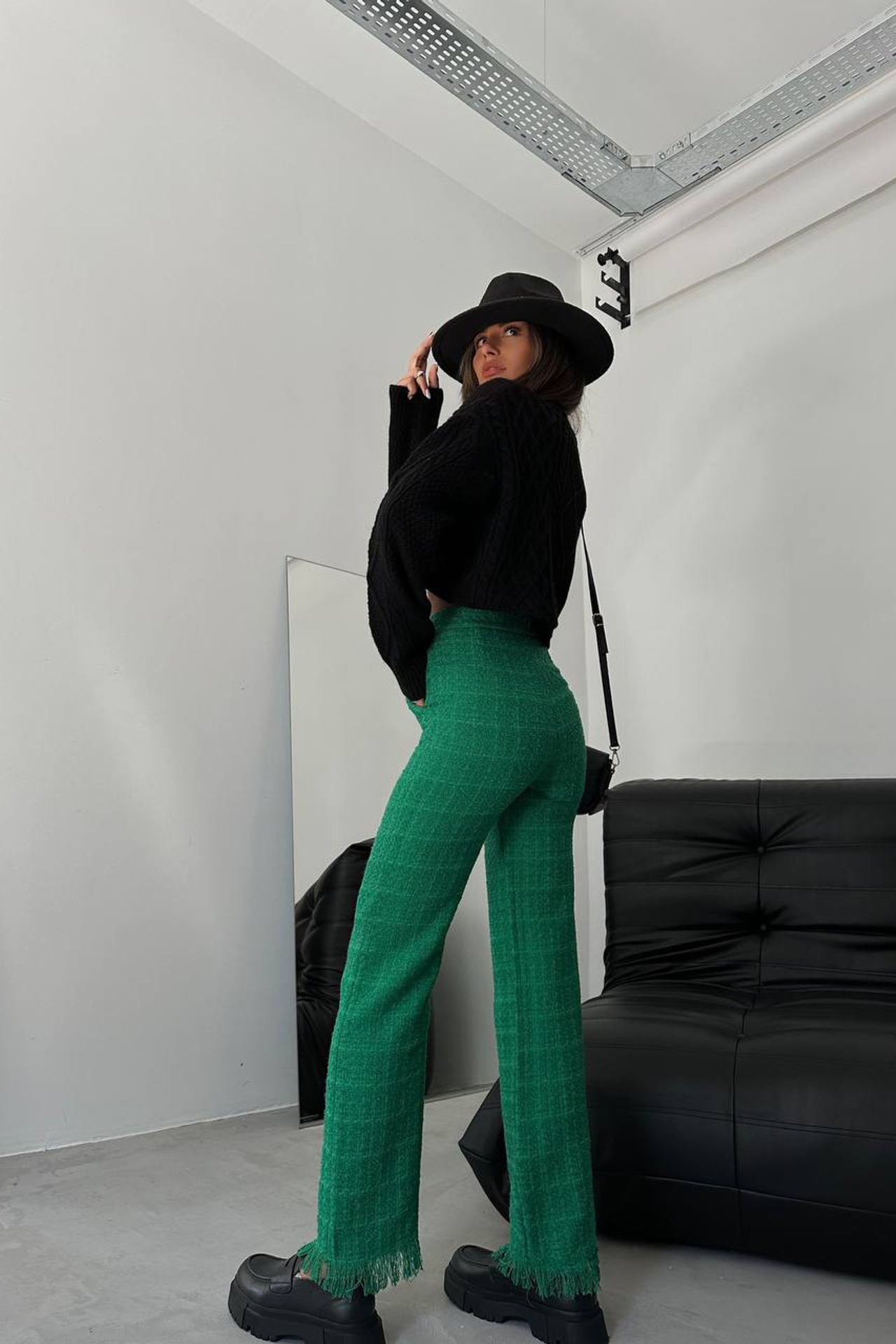 Tweed High Waist Straight Leg Trousers with a Tassel Hem
