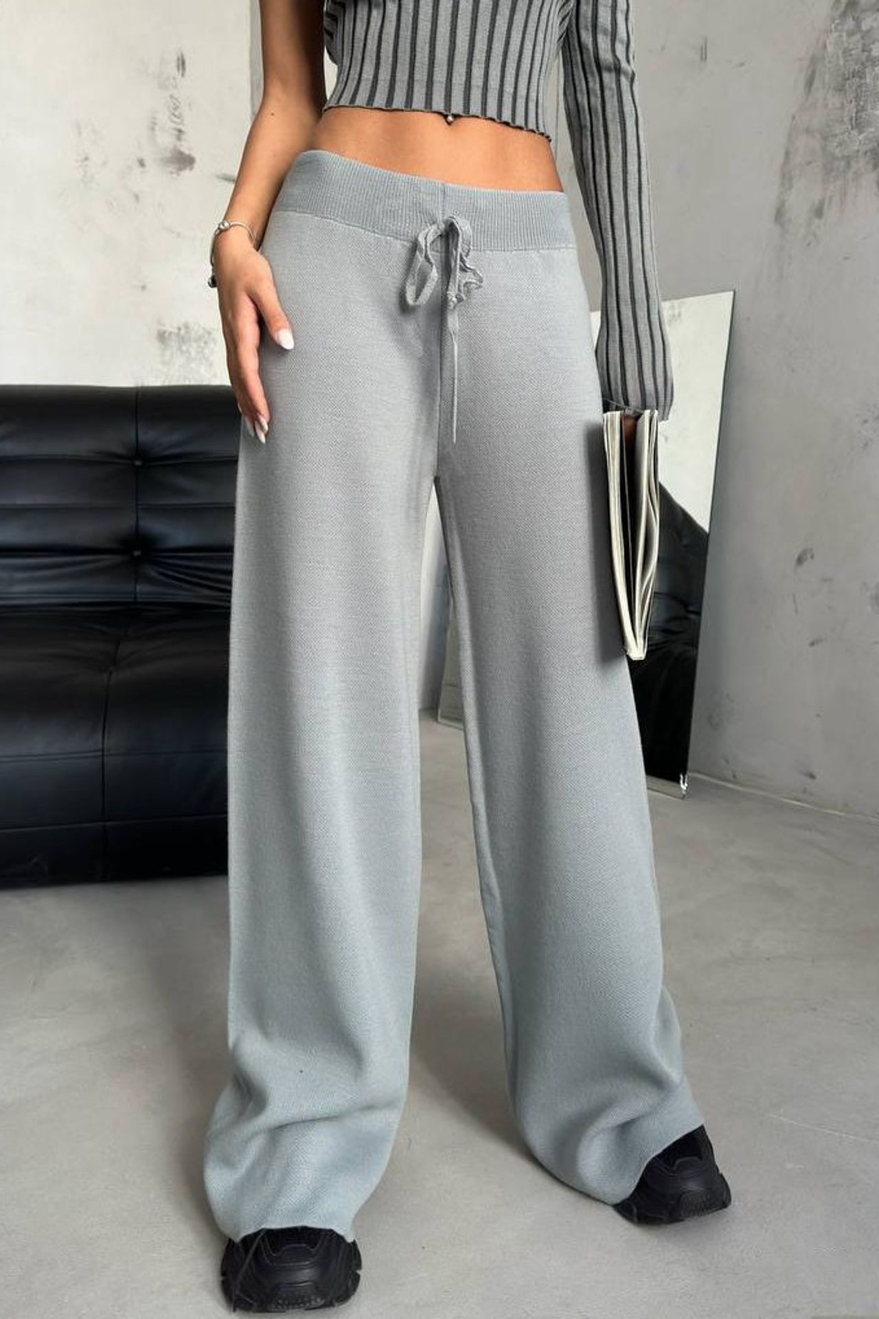 High Waist Elastic Waist Sweatpant Trousers