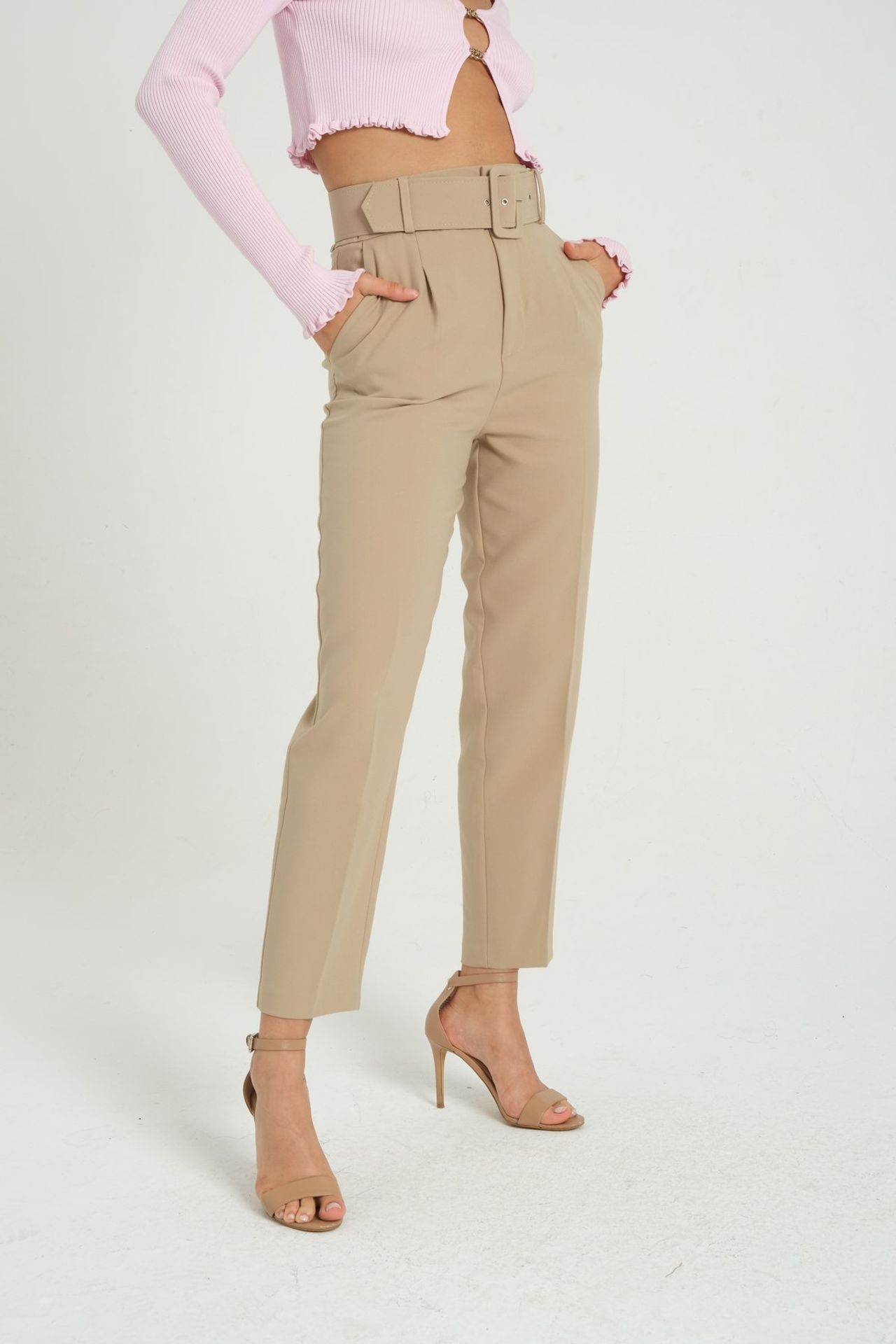 High Waist Tapered Trousers with a Belt Detail