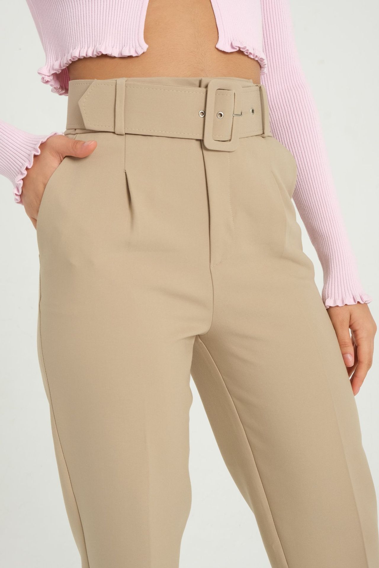 High Waist Tapered Trousers with a Belt Detail