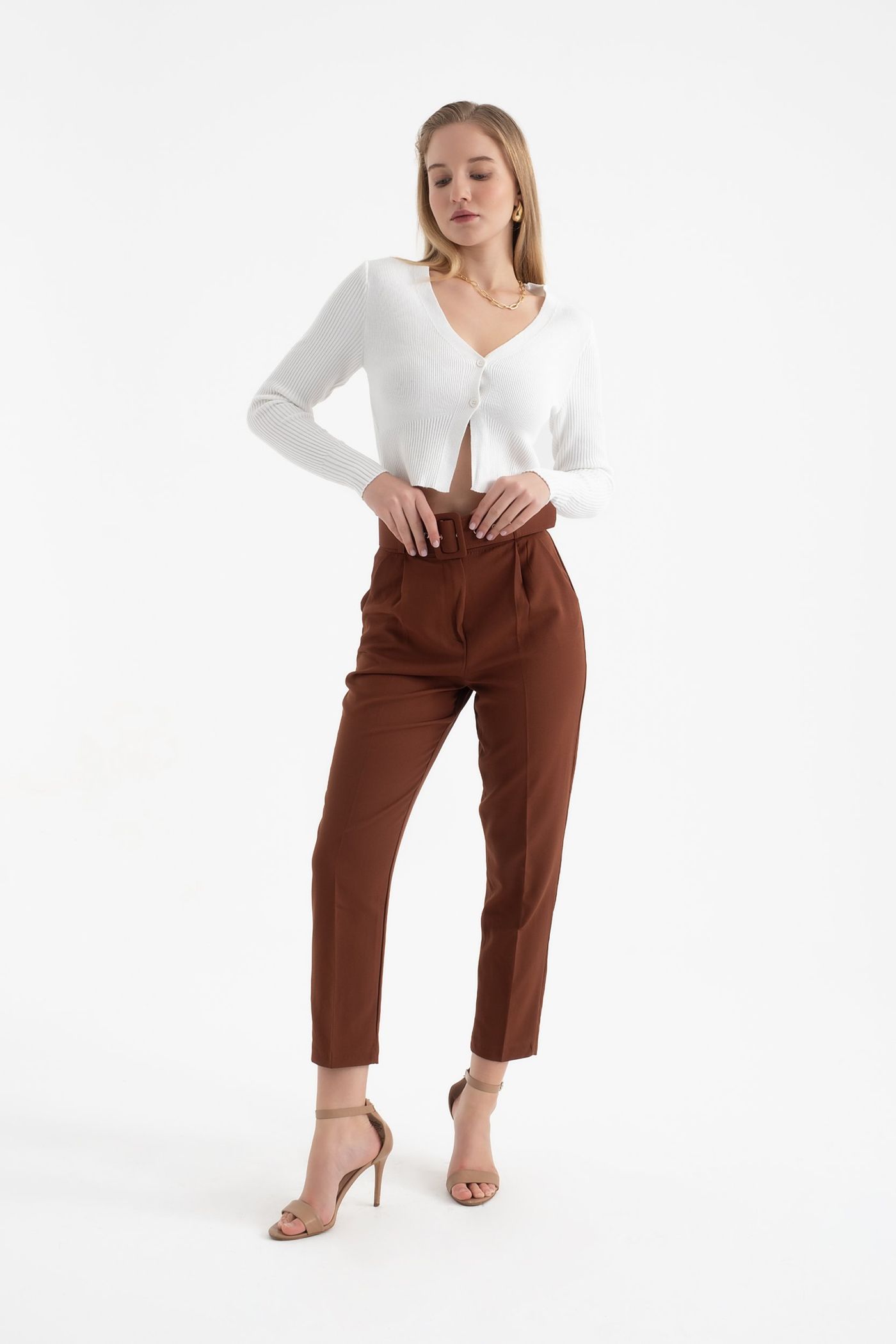 High Waist Tapered Trousers with a Belt Detail