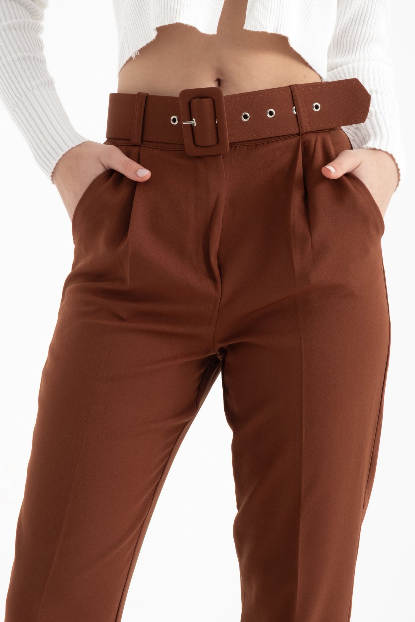 High Waist Tapered Trousers with a Belt Detail