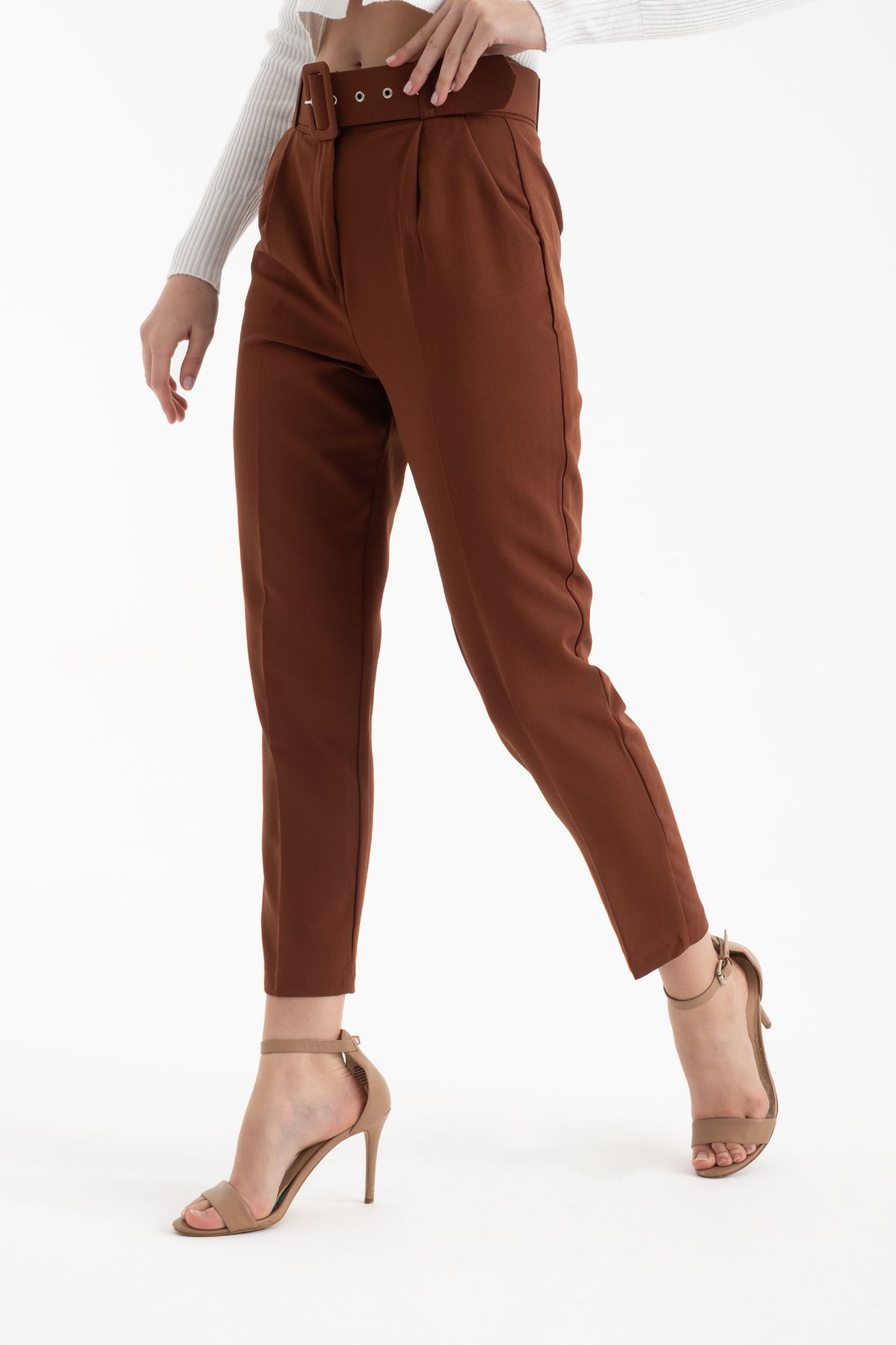 High Waist Tapered Trousers with a Belt Detail