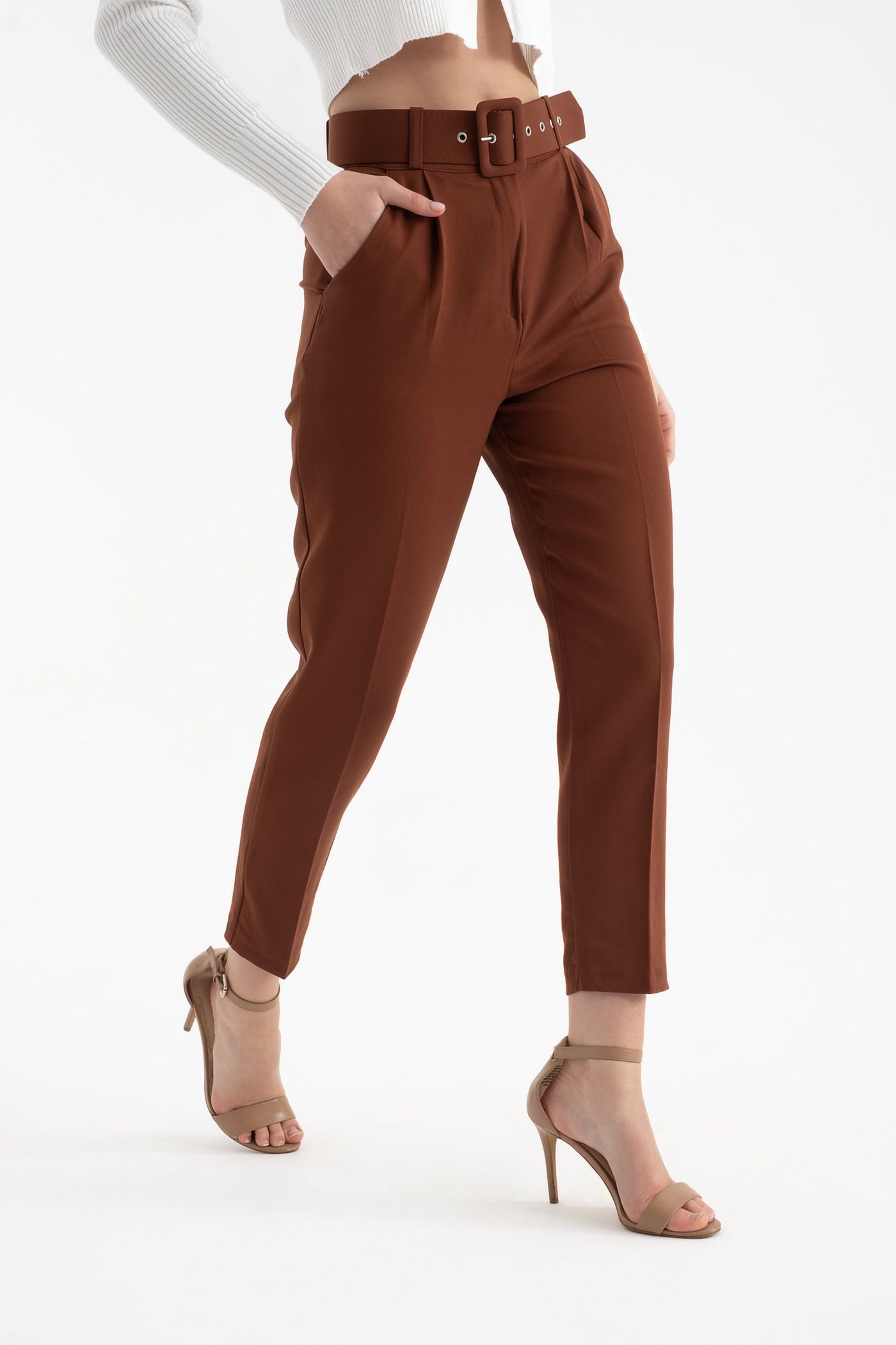 High Waist Tapered Trousers with a Belt Detail