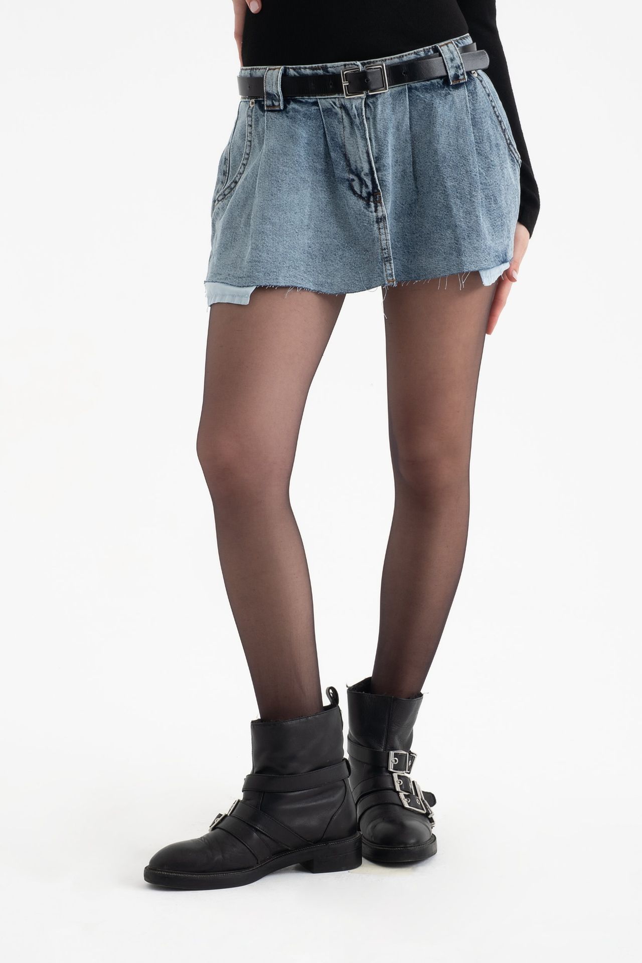 Denim Mid Rise Pleated Mini Skirt with a Belt Detail