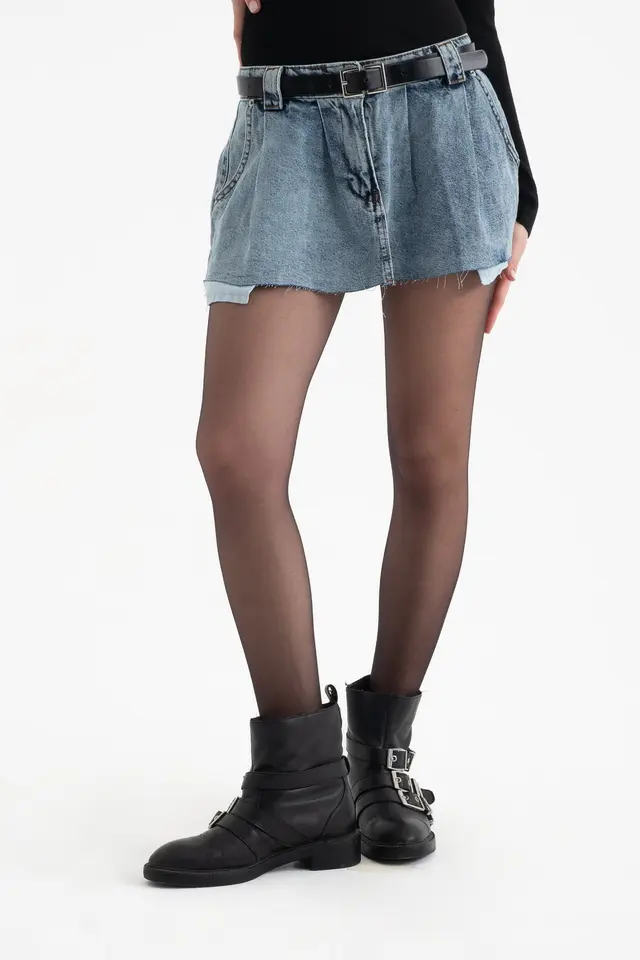 Denim Mid Rise Pleated Mini Skirt with a Belt Detail