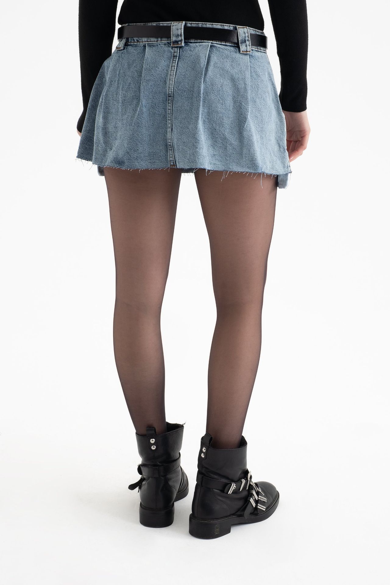 Denim Mid Rise Pleated Mini Skirt with a Belt Detail