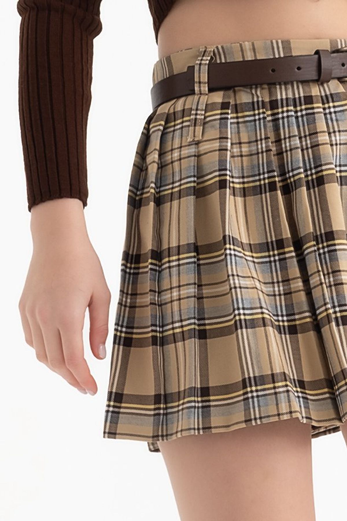 Checked High Waist Pleated Mini Skirt with a Belt Detail