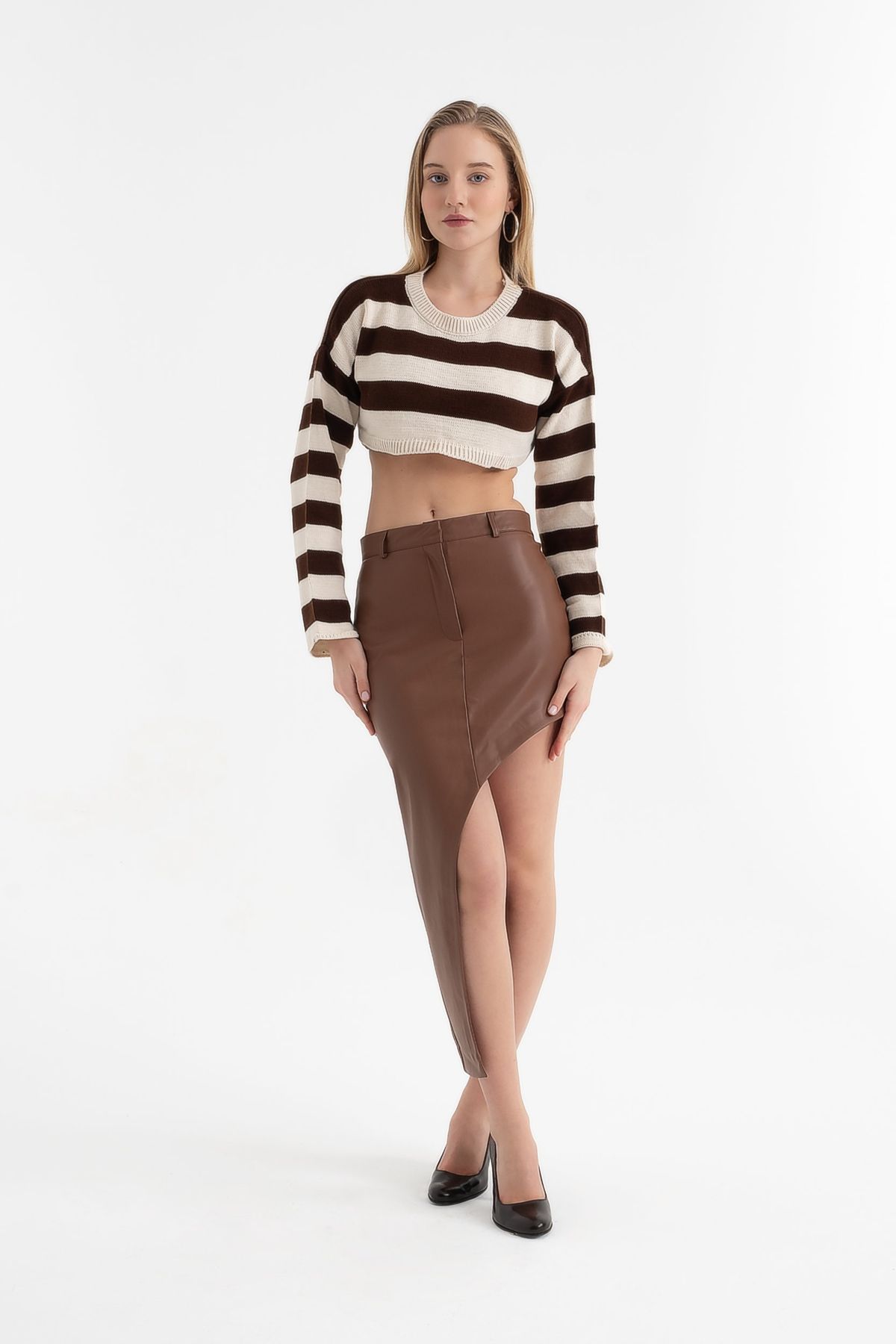 Faux Leather High Waist Slit Maxi Skirt