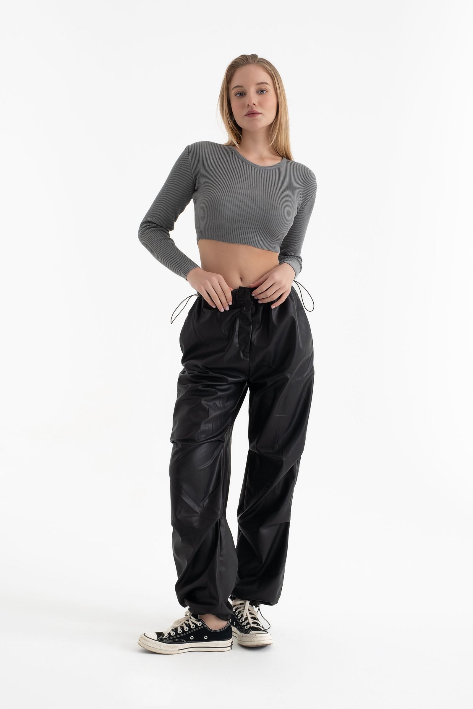 Faux Leather High Waist Drawstring Cargo Trousers