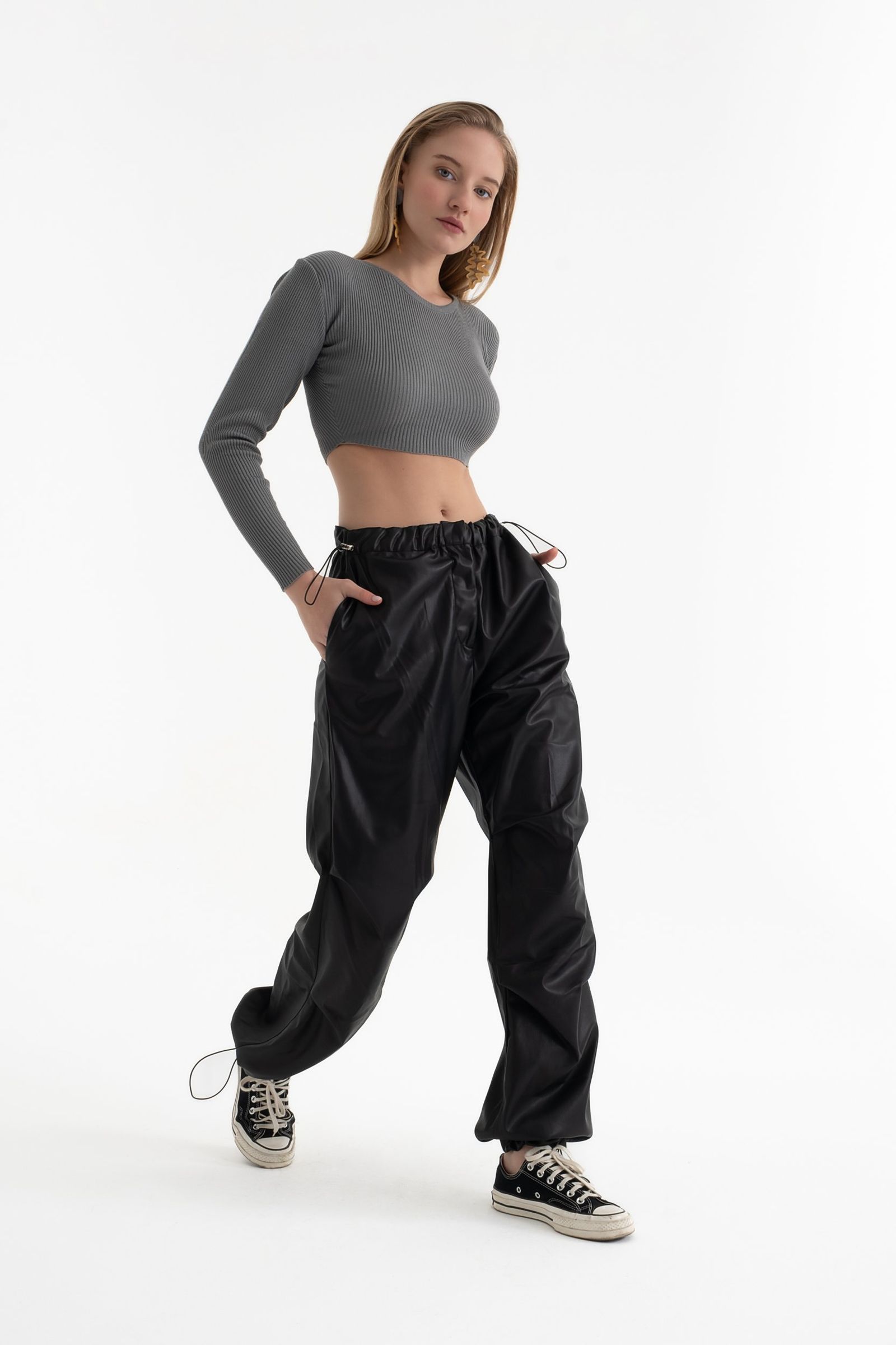 Faux Leather High Waist Drawstring Cargo Trousers