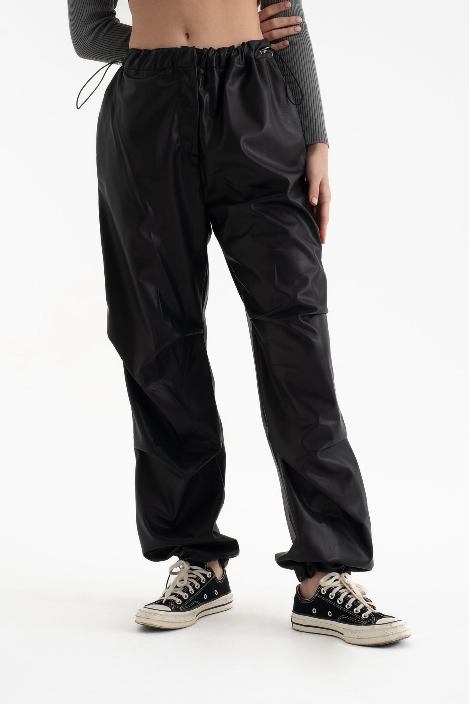 Faux Leather High Waist Drawstring Cargo Trousers