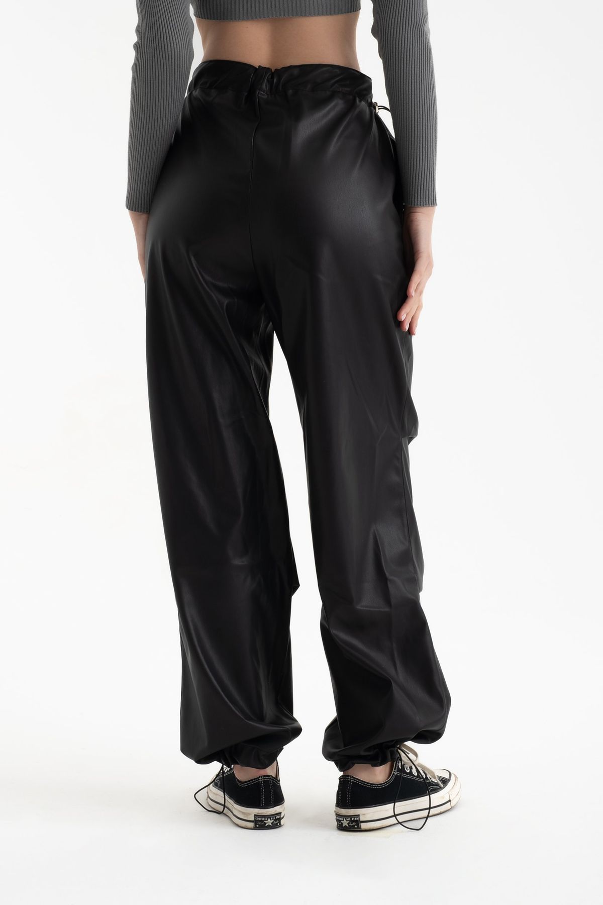 Faux Leather High Waist Drawstring Cargo Trousers