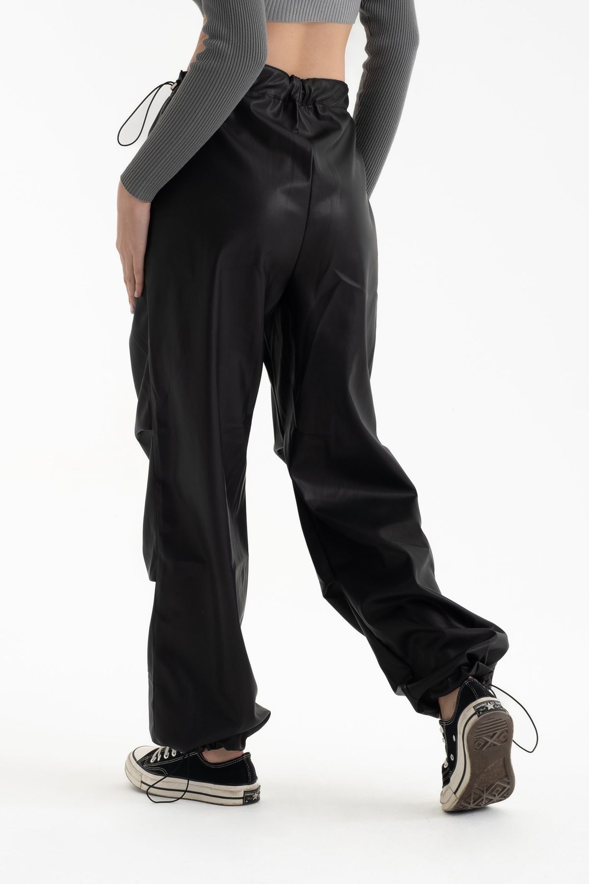 Faux Leather High Waist Drawstring Cargo Trousers