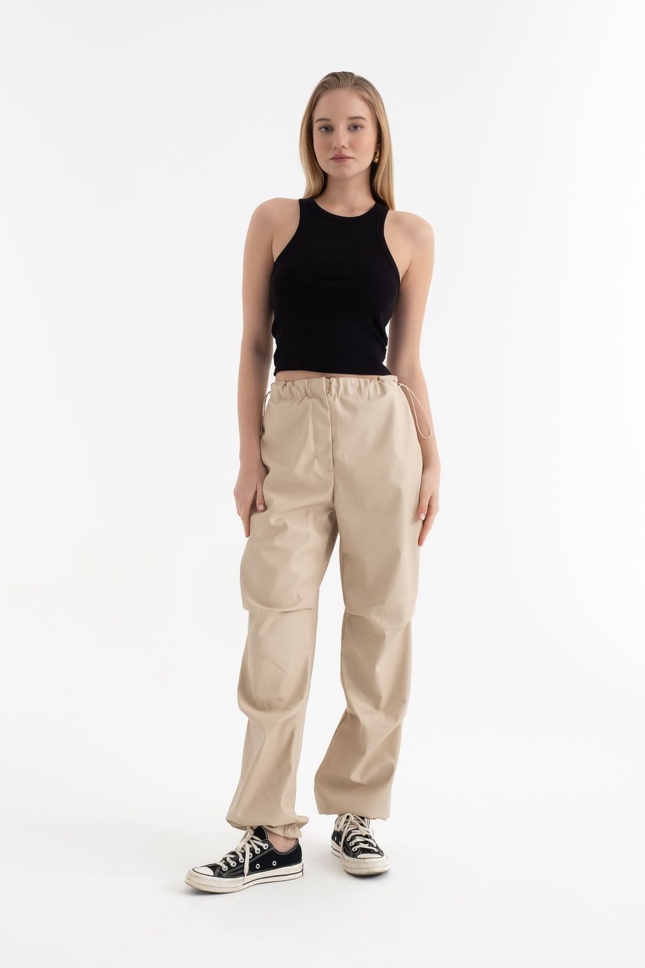 Faux Leather High Waist Drawstring Cargo Trousers
