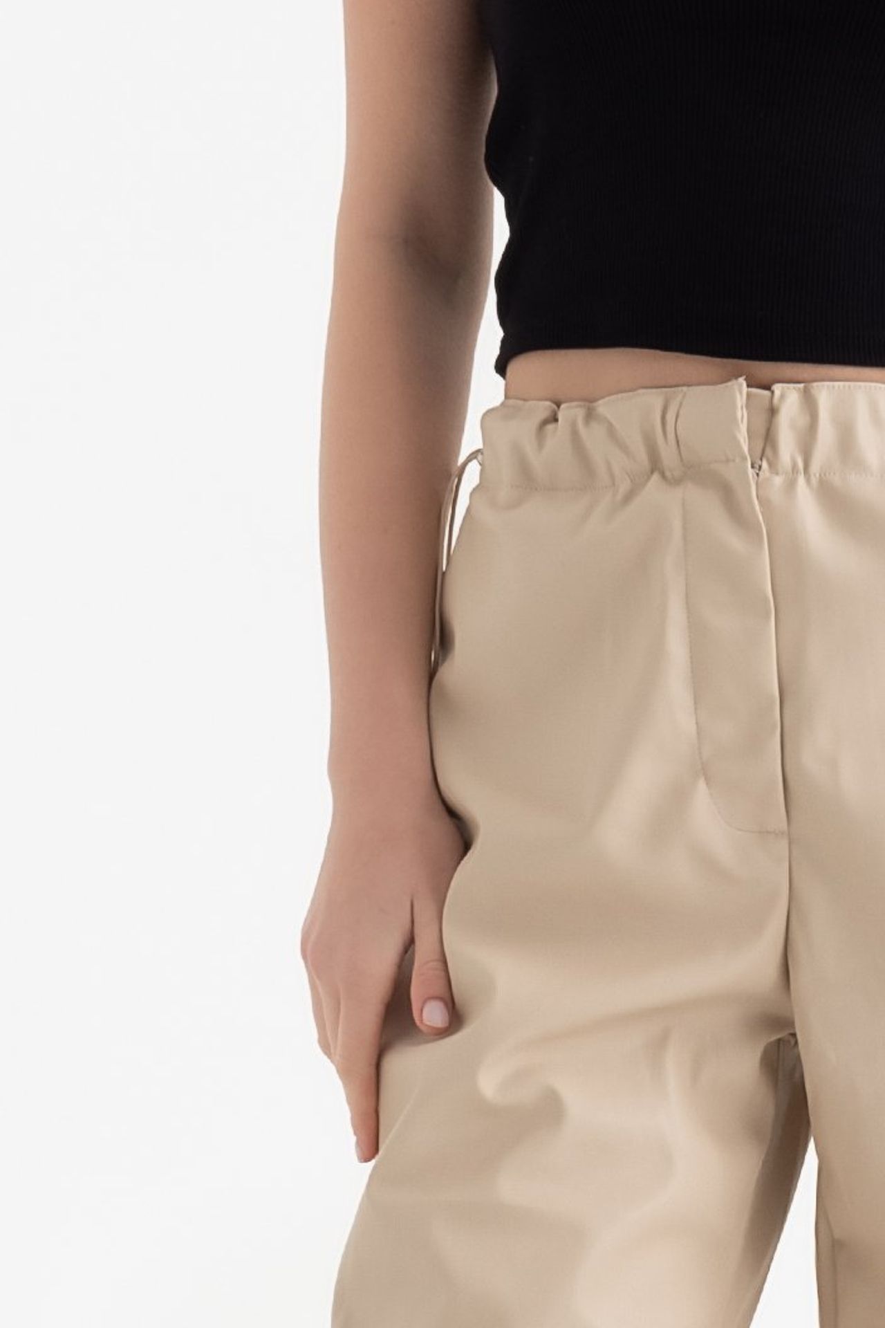 Faux Leather High Waist Drawstring Cargo Trousers