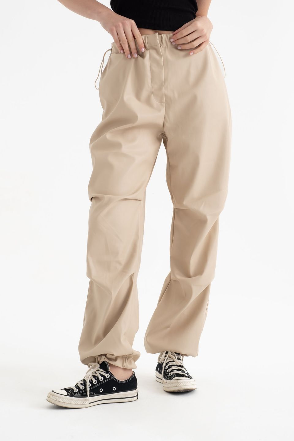 Faux Leather High Waist Drawstring Cargo Trousers
