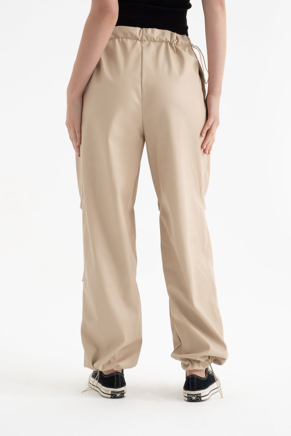 Faux Leather High Waist Drawstring Cargo Trousers