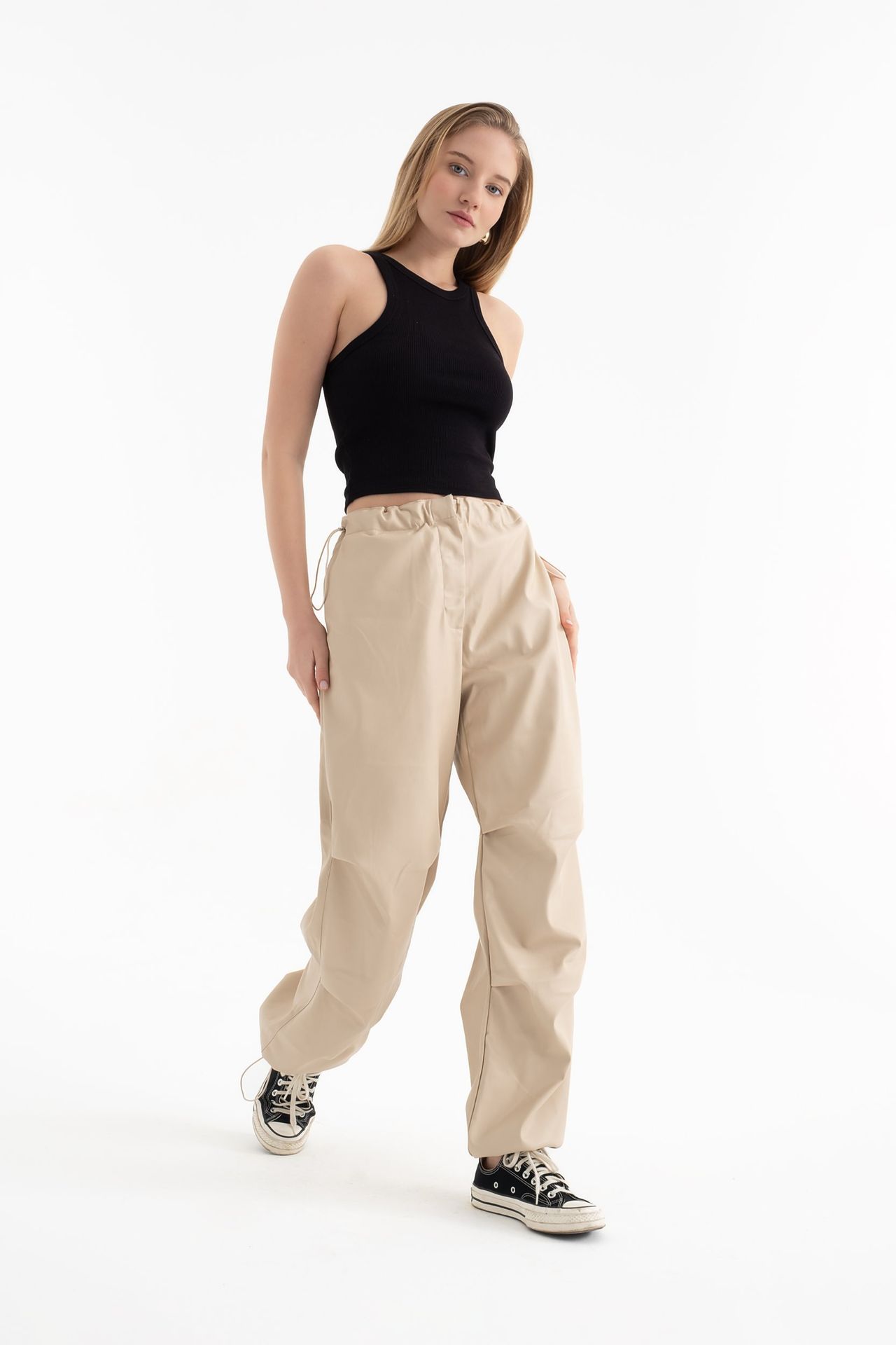 Faux Leather High Waist Drawstring Cargo Trousers
