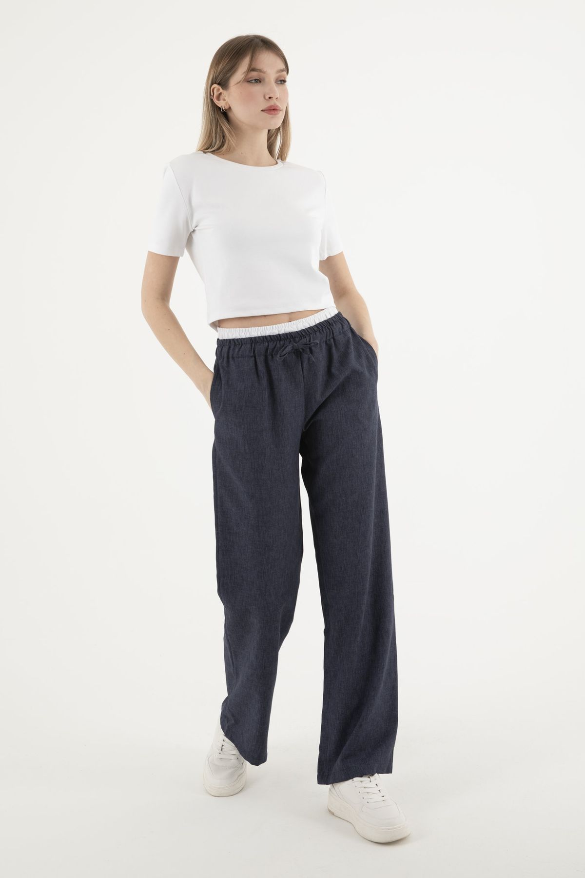 Mid Rise Double Waistband Drawstring Trousers