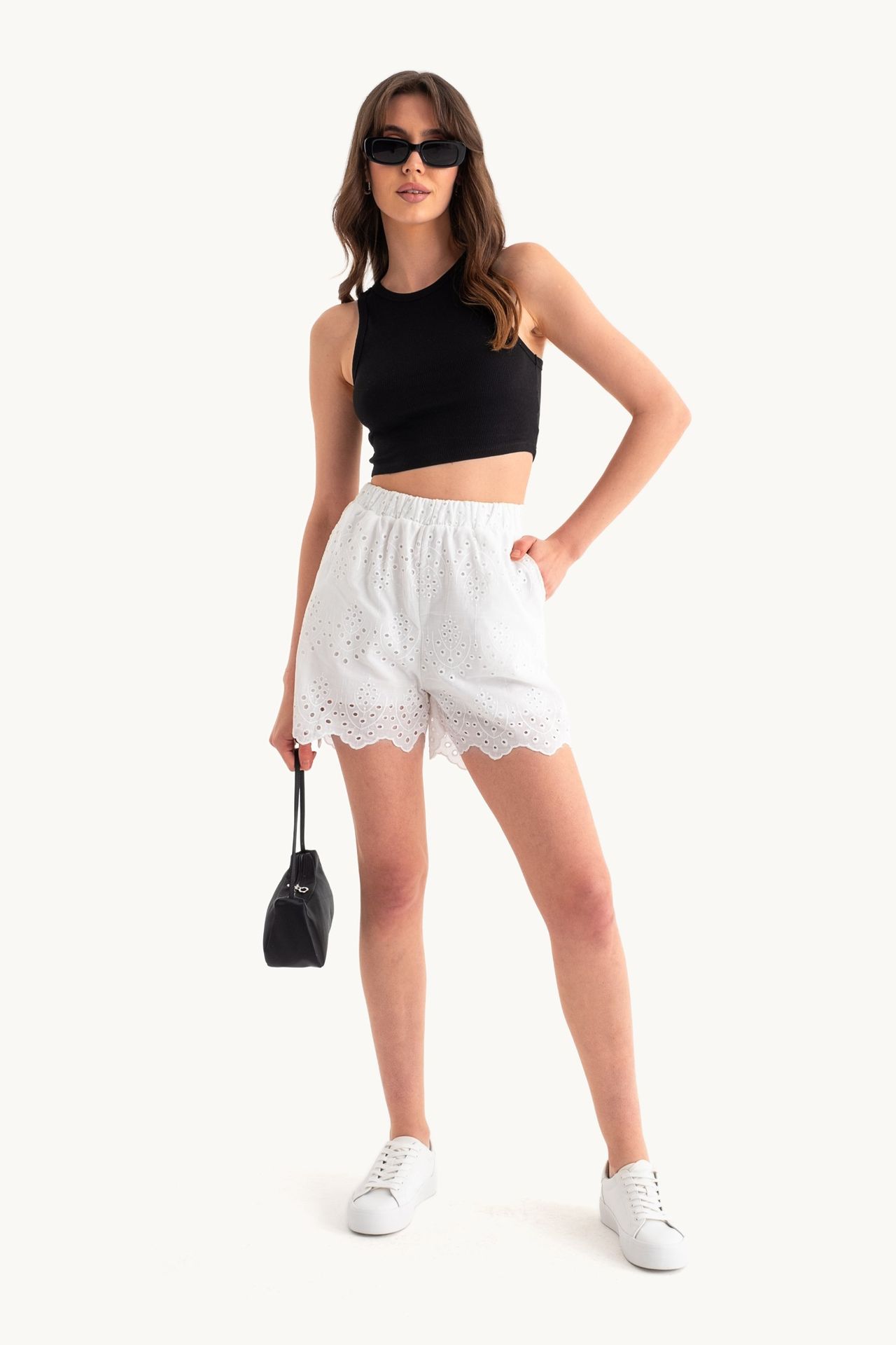 Embroidered High Waist Elastic Waist Shorts