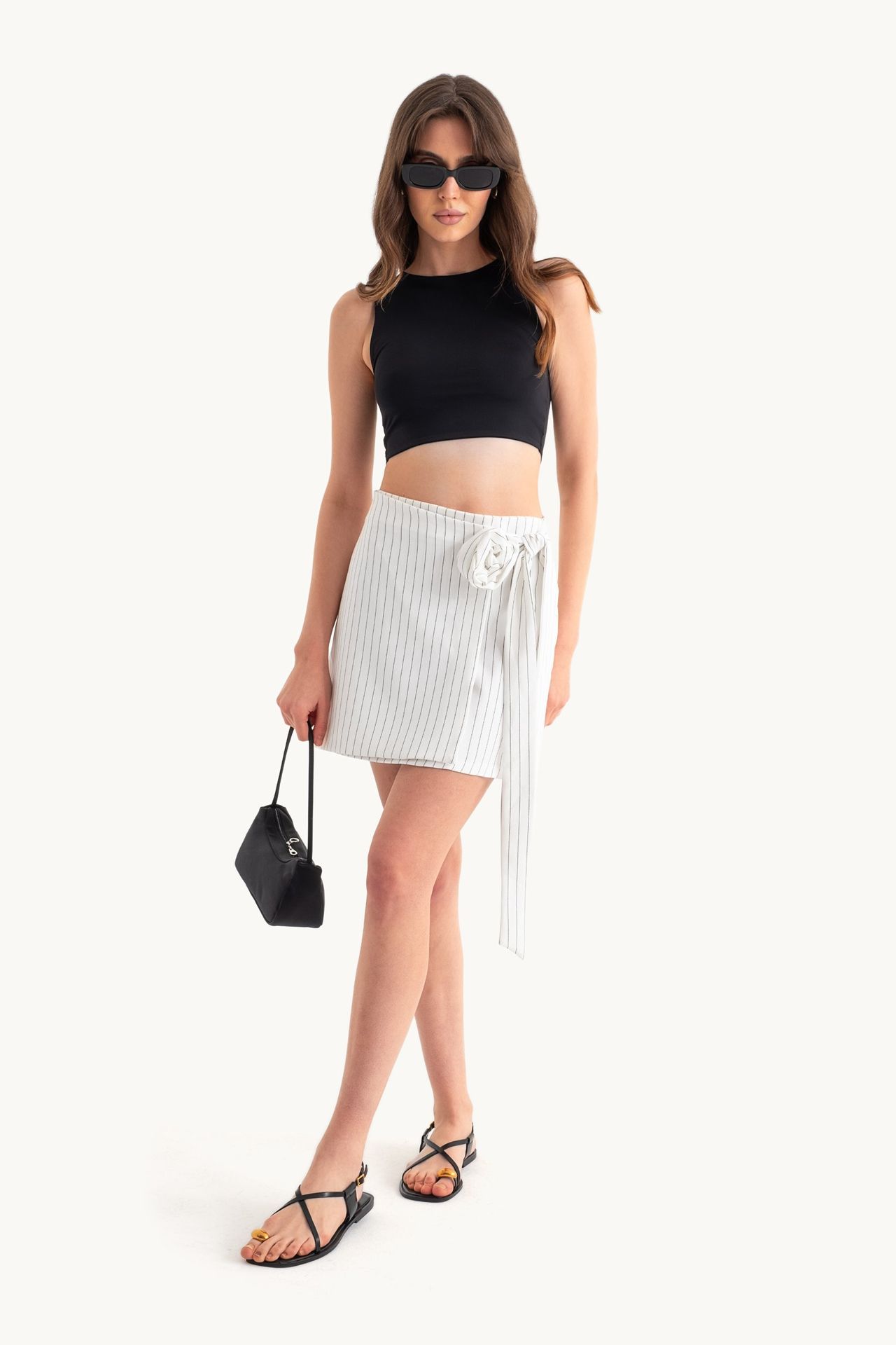 Striped Mid Rise Belt Detail Skirt