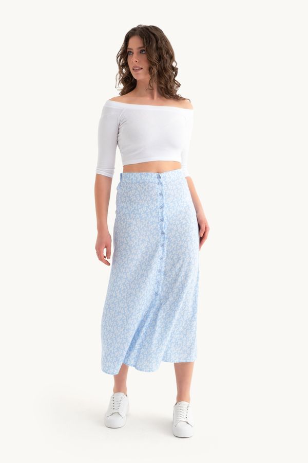 High-Waist Floral Button Midi A-Line Skirt 2