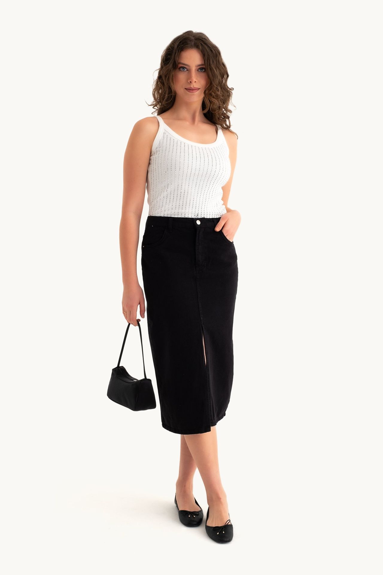 High Waist Front Slit Midi Skirt