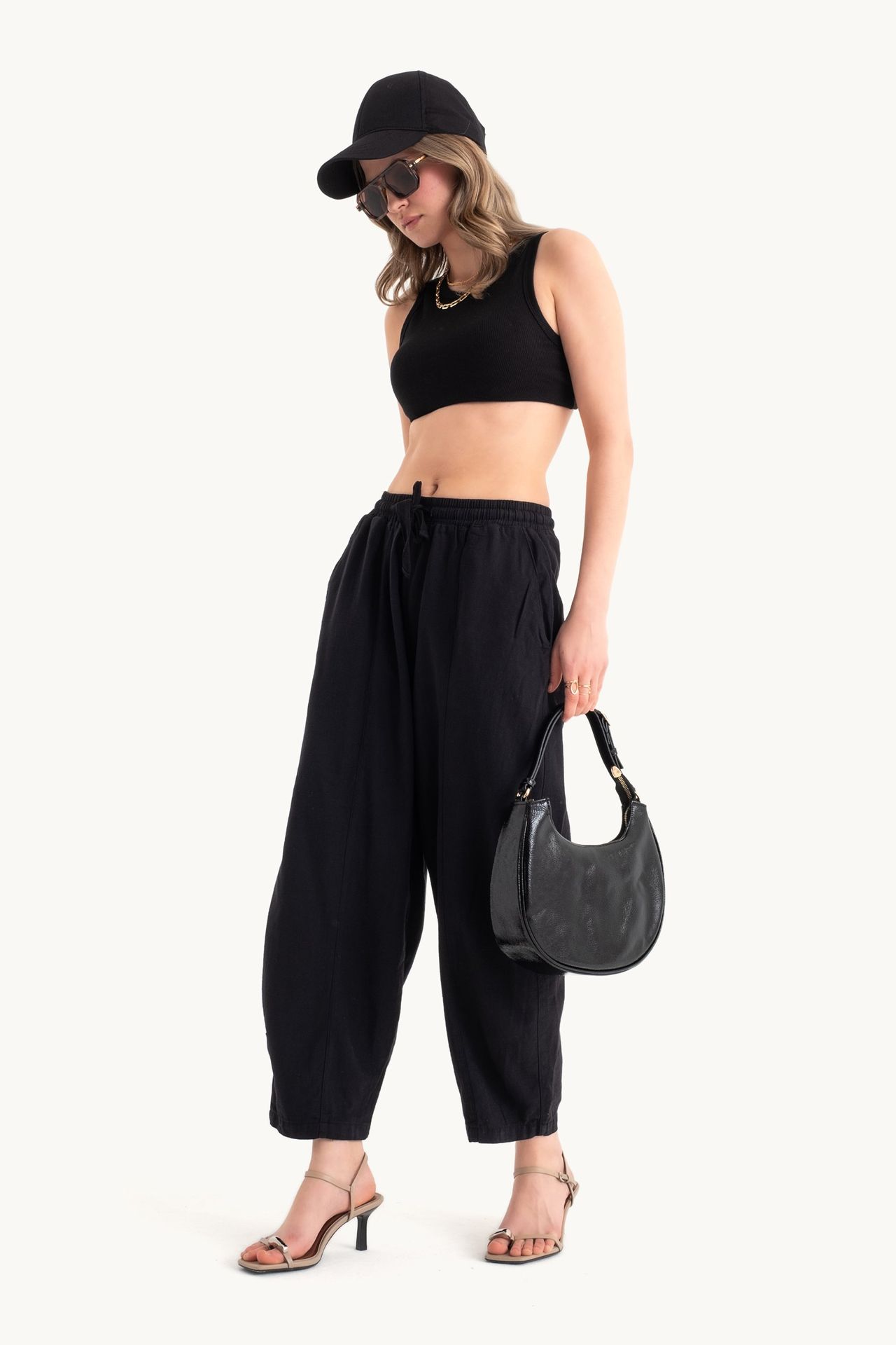 Mid Rise Drawstring Baggy Trousers