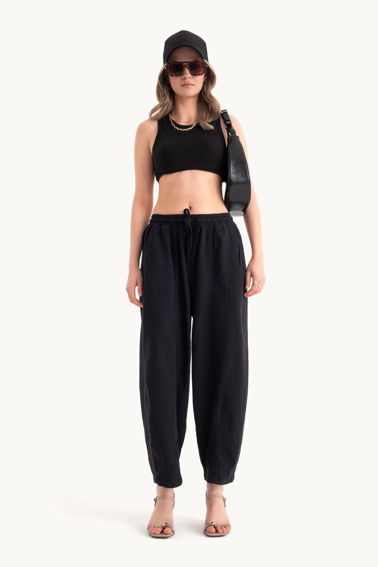Mid Rise Drawstring Baggy Trousers
