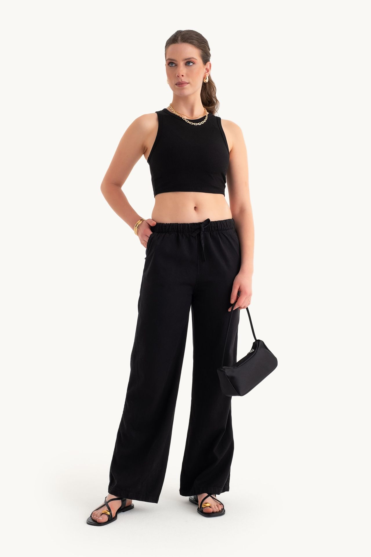 High Waist Drawstring Straight Leg Trousers