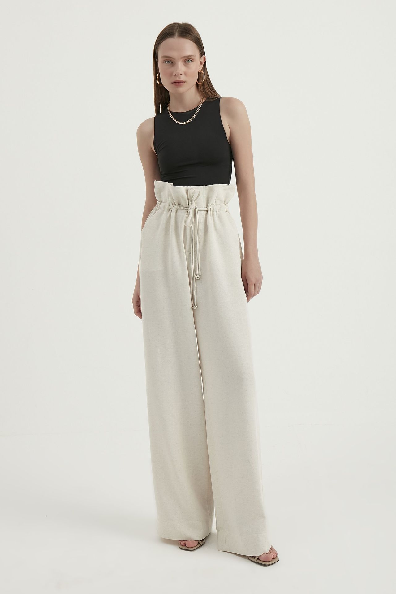 Linen High Waist Drawstring Trousers