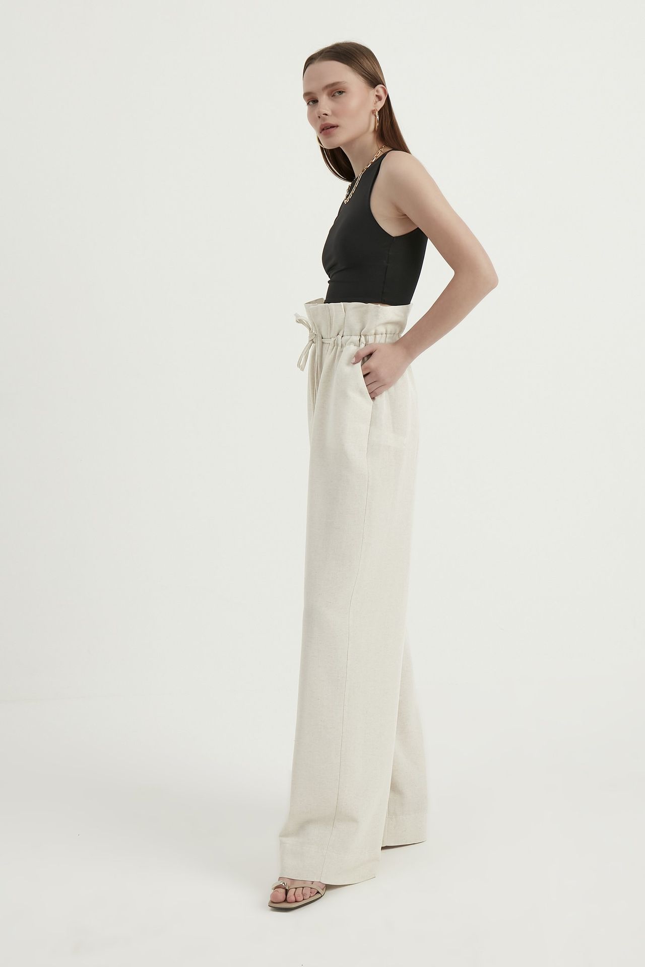 Linen High Waist Drawstring Trousers