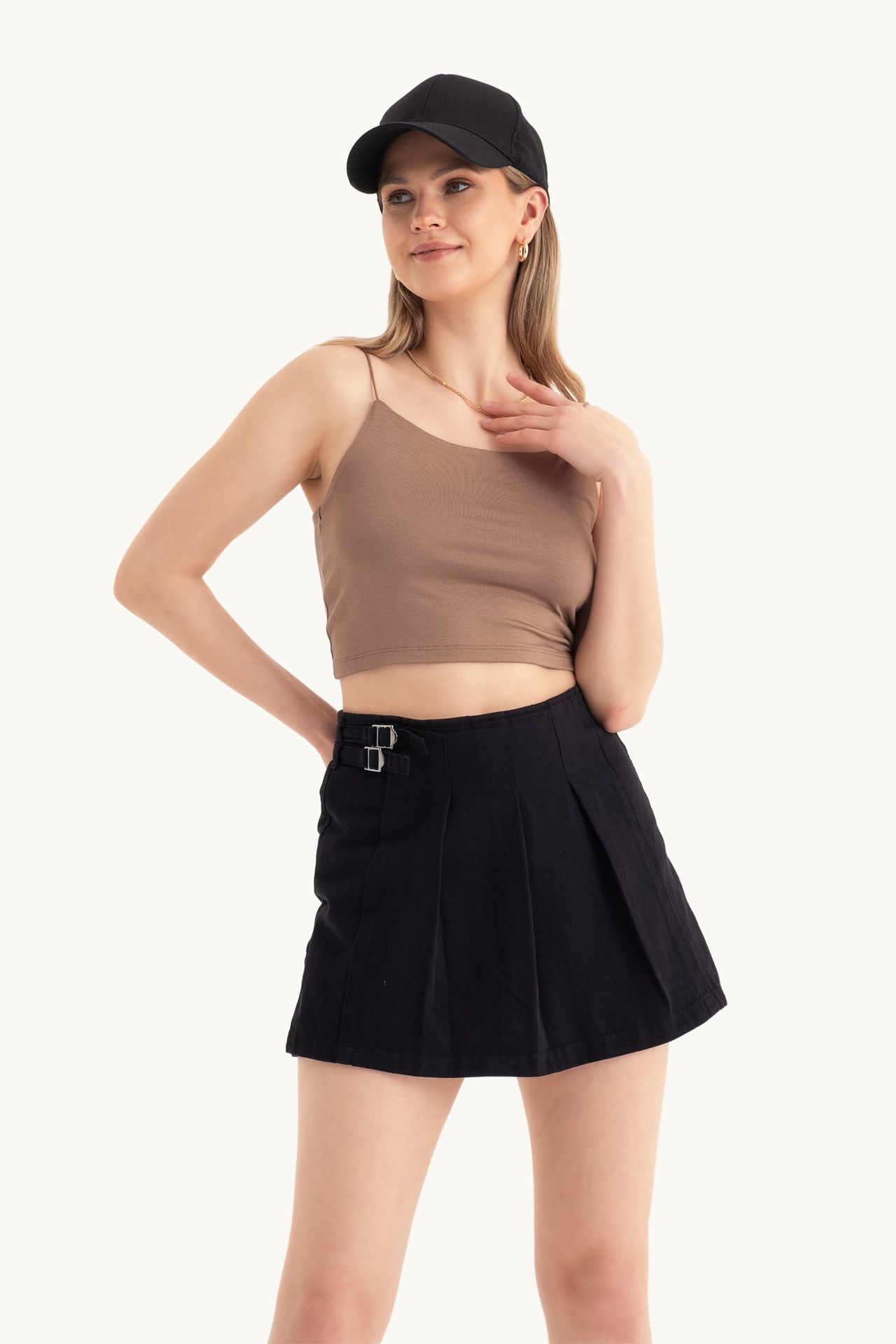 High Waist Double Belt Mini Skort