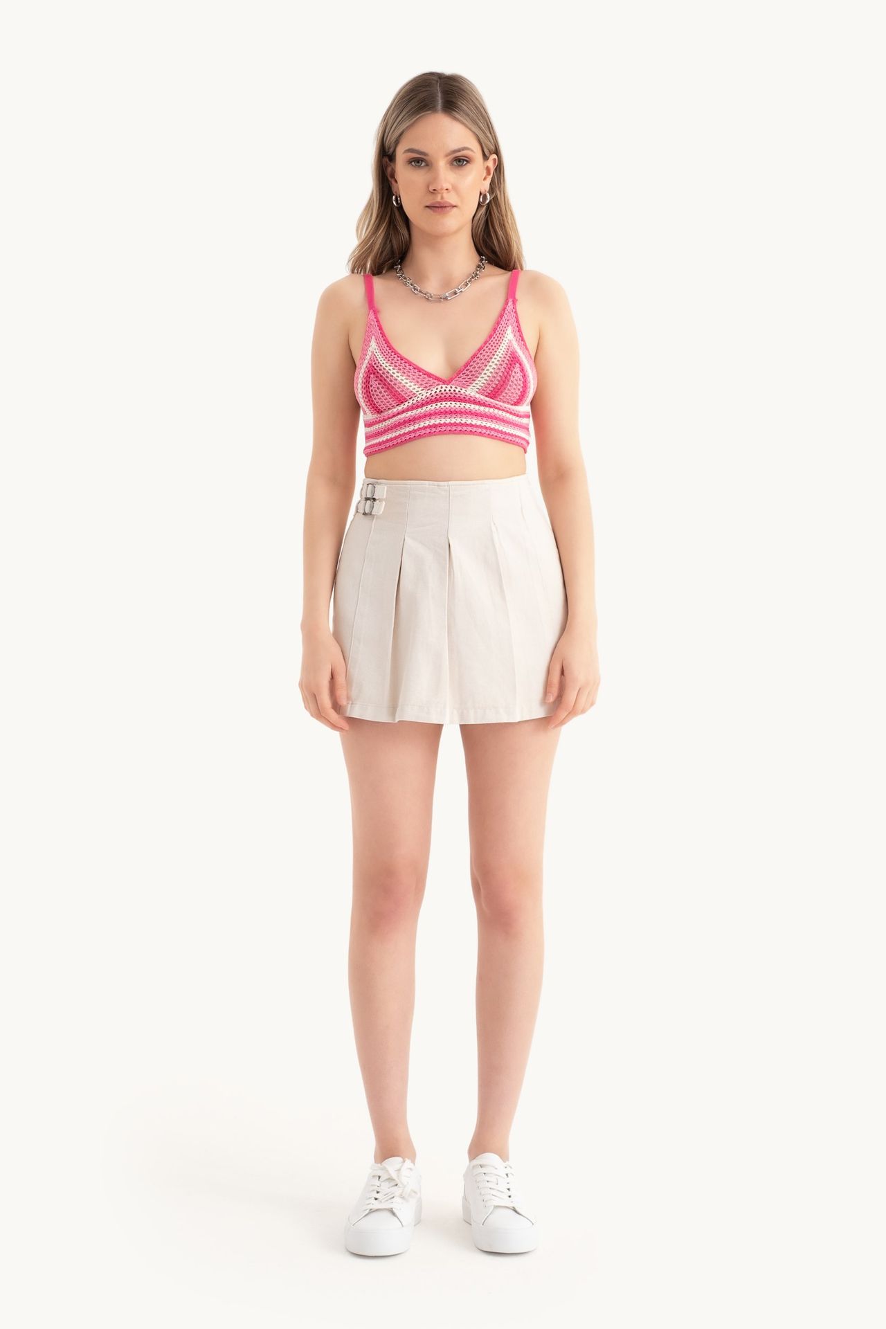 High Waist Double Belt Mini Skort