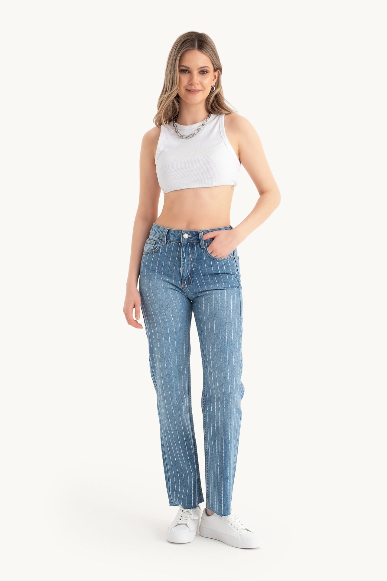 Striped Mid Rise Regular Fit Jeans