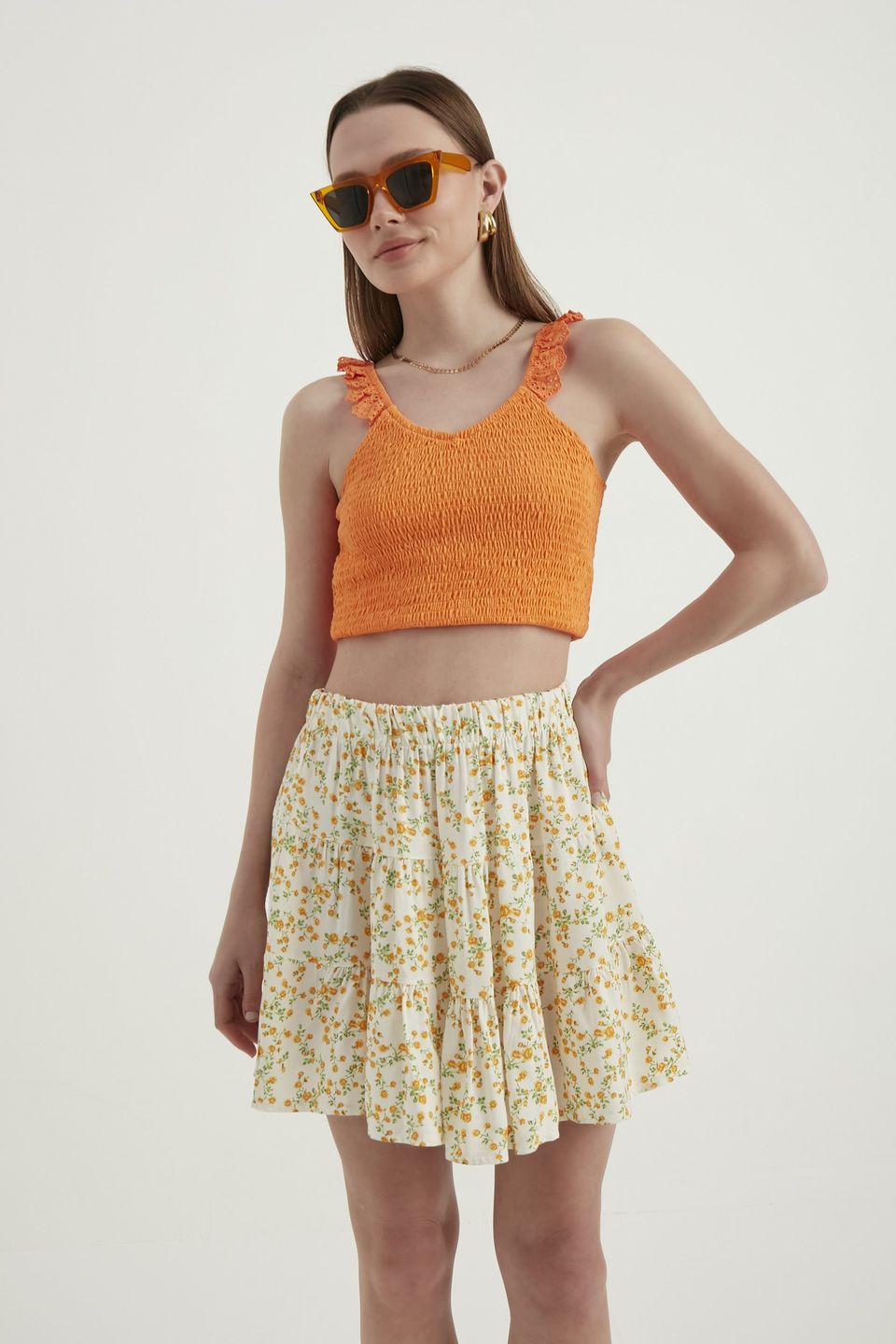 Floral High Waist Elastic Waist Tiered Mini Skirt