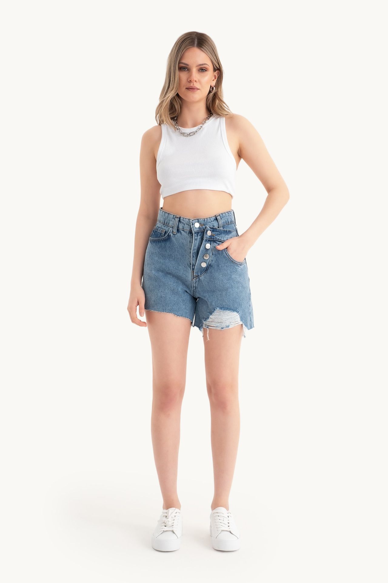 Denim High Waist Double Layered Shorts with a Button detail