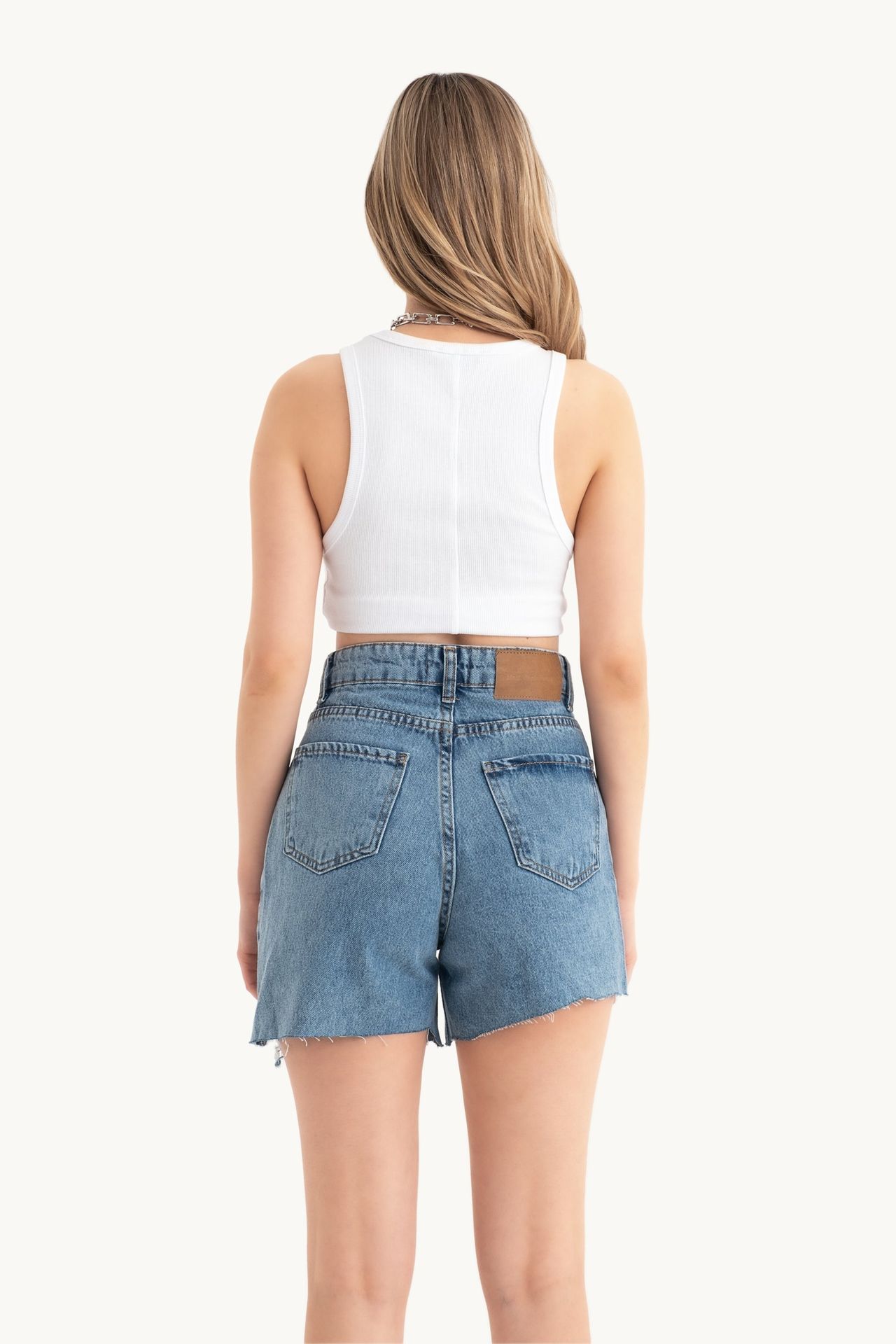 Denim High Waist Double Layered Shorts with a Button detail