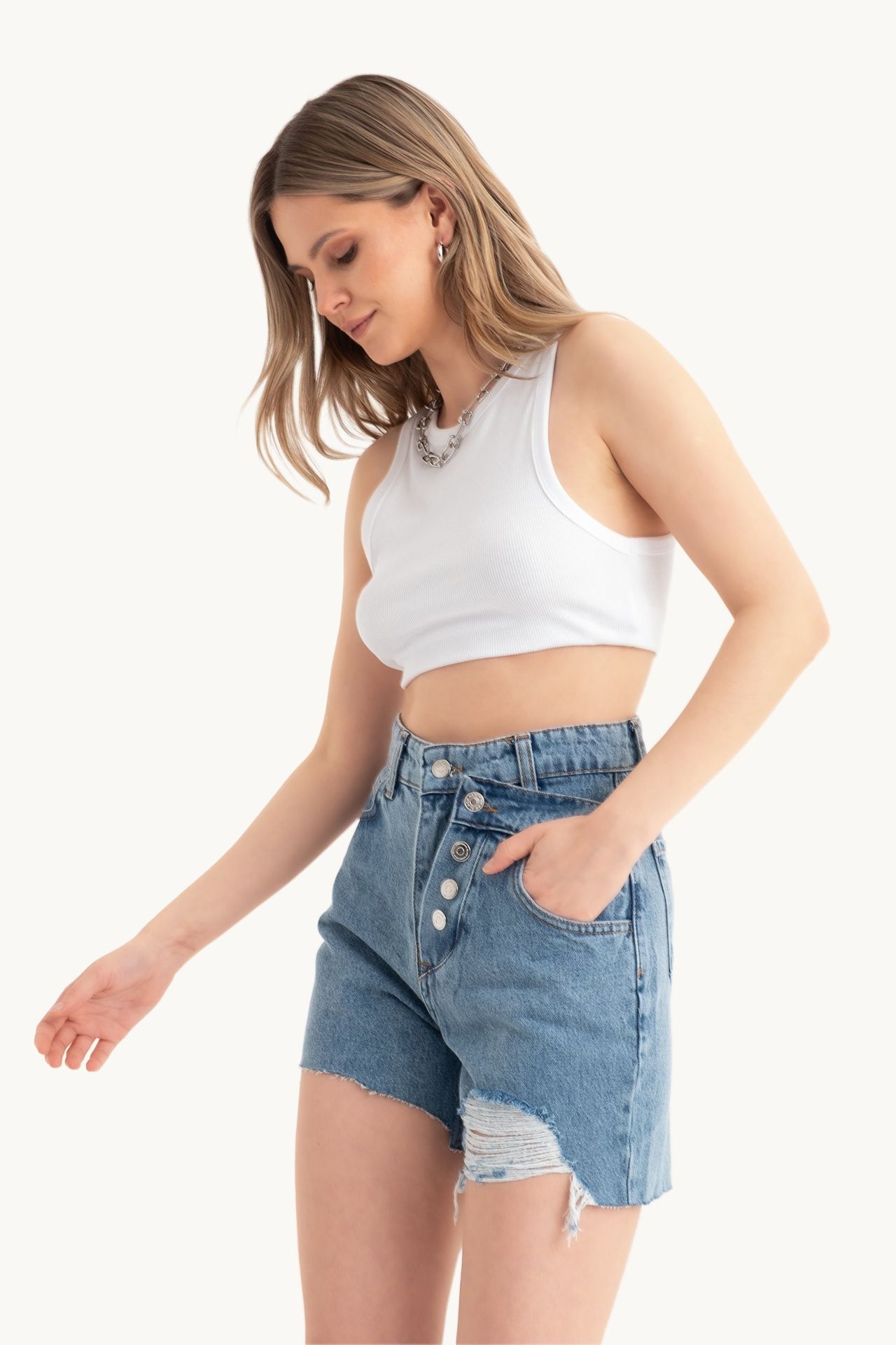 Denim High Waist Double Layered Shorts with a Button detail