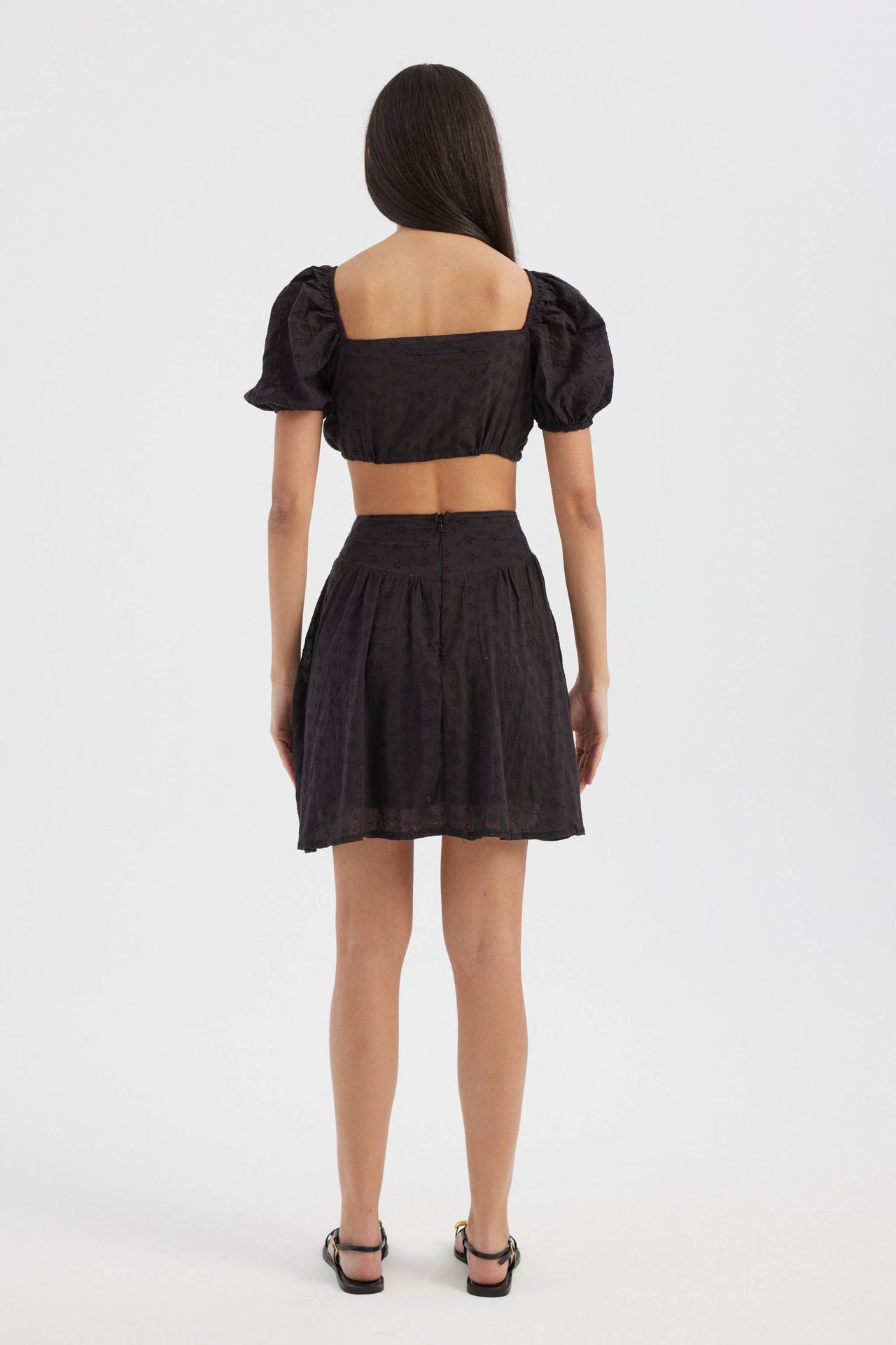 2 Pieces: Sweetheart Neck Tie Front Crop Top with a Puff Sleeve & Embroidered High Waist Elastic Waist Mini Skirt