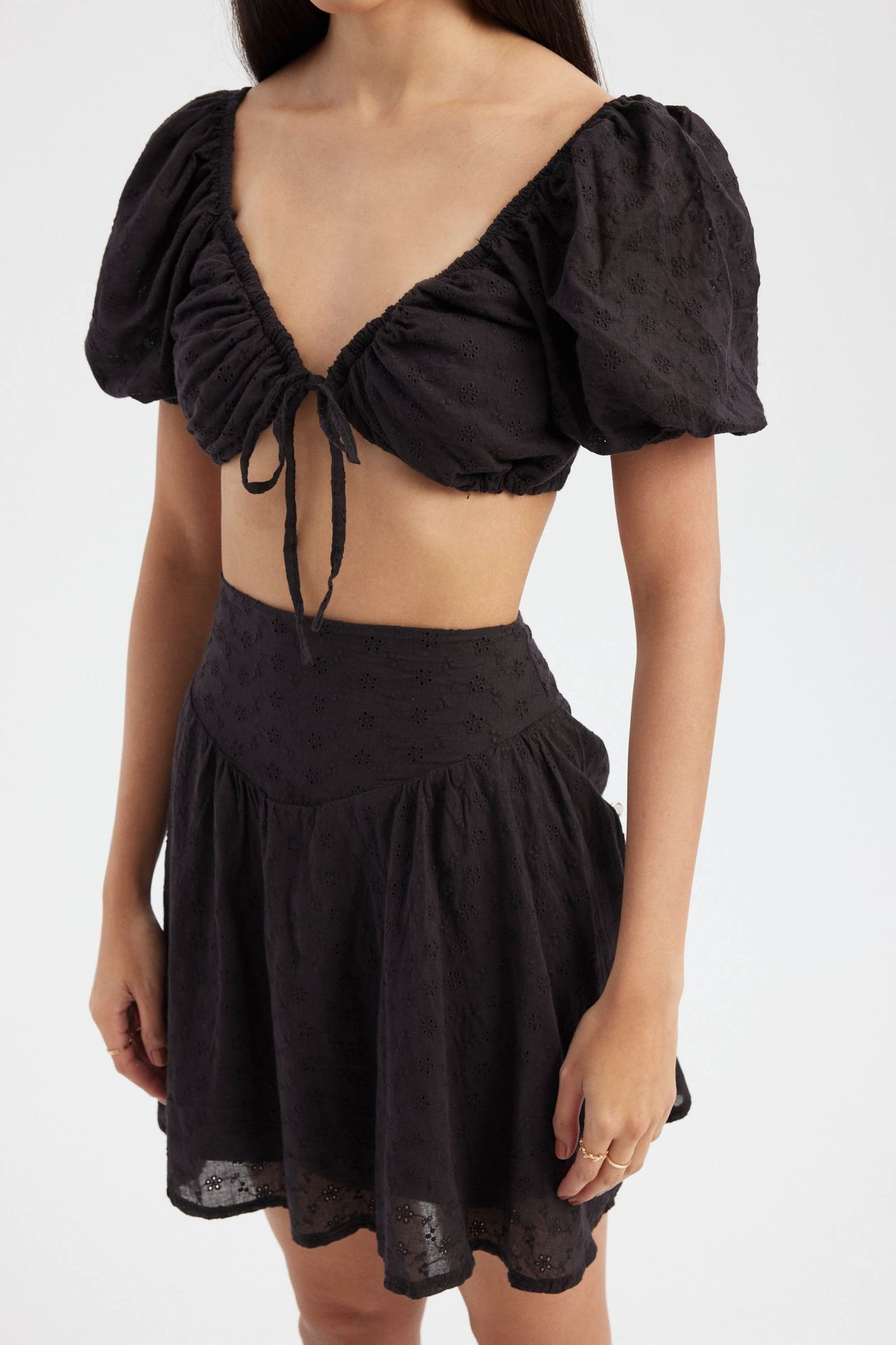 2 Pieces: Sweetheart Neck Tie Front Crop Top with a Puff Sleeve & Embroidered High Waist Elastic Waist Mini Skirt