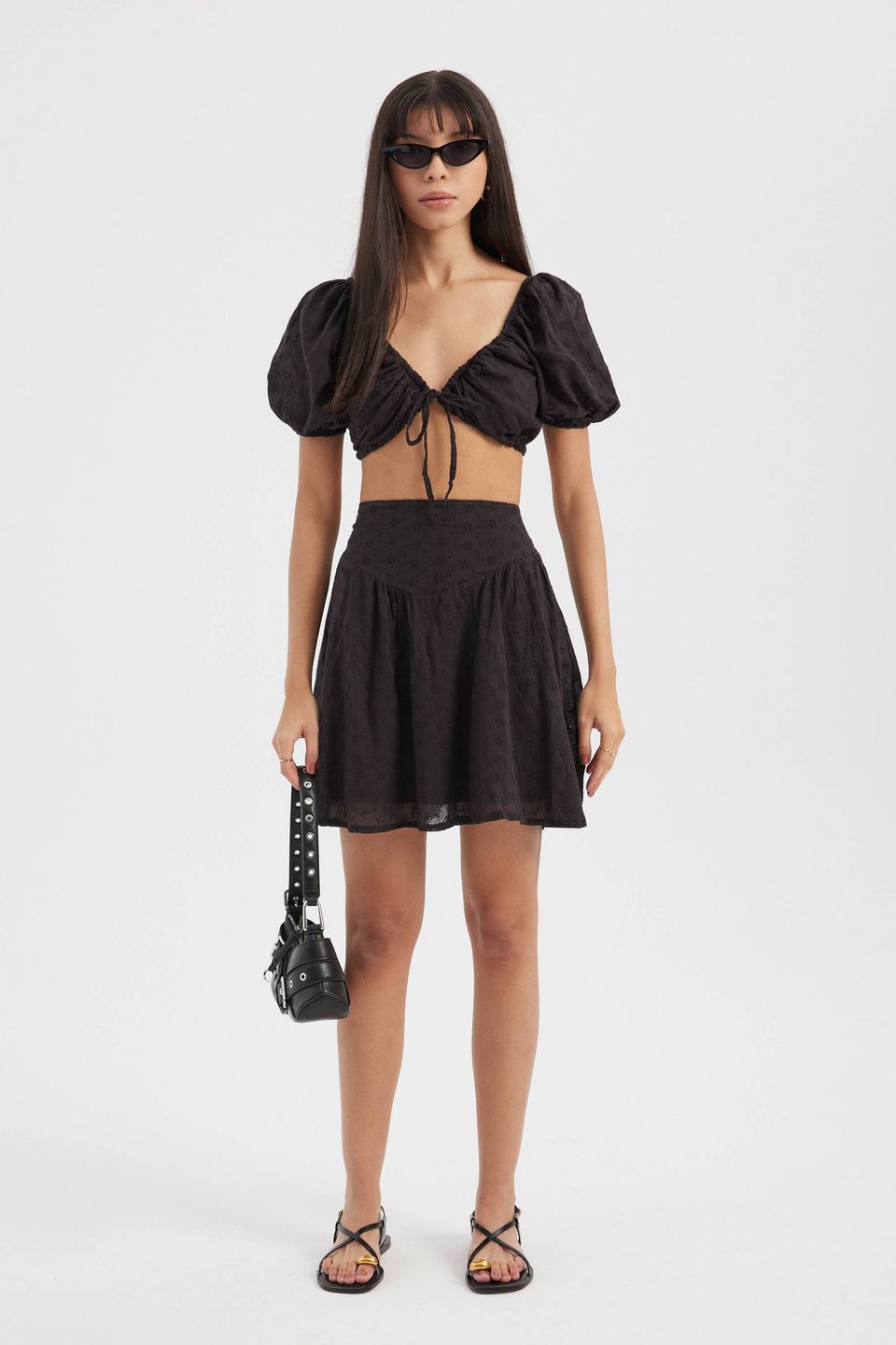 2 Pieces: Sweetheart Neck Tie Front Crop Top with a Puff Sleeve & Embroidered High Waist Elastic Waist Mini Skirt