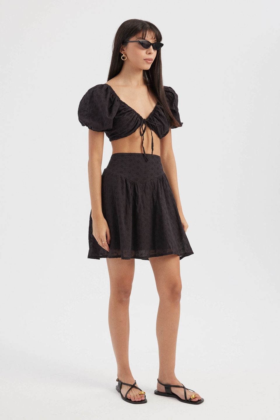 2 Pieces: Sweetheart Neck Tie Front Crop Top with a Puff Sleeve & Embroidered High Waist Elastic Waist Mini Skirt