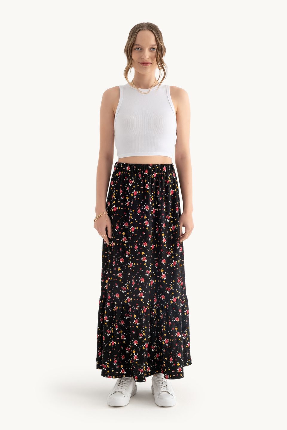 Floral Mid Rise Elastic Waist Maxi Skirt