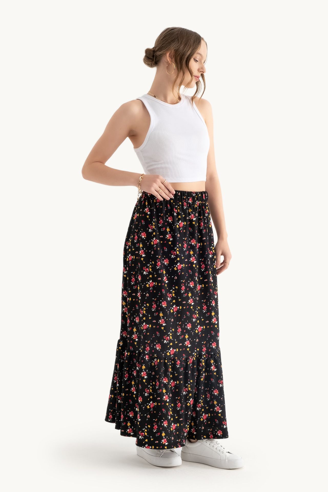 Floral Mid Rise Elastic Waist Maxi Skirt