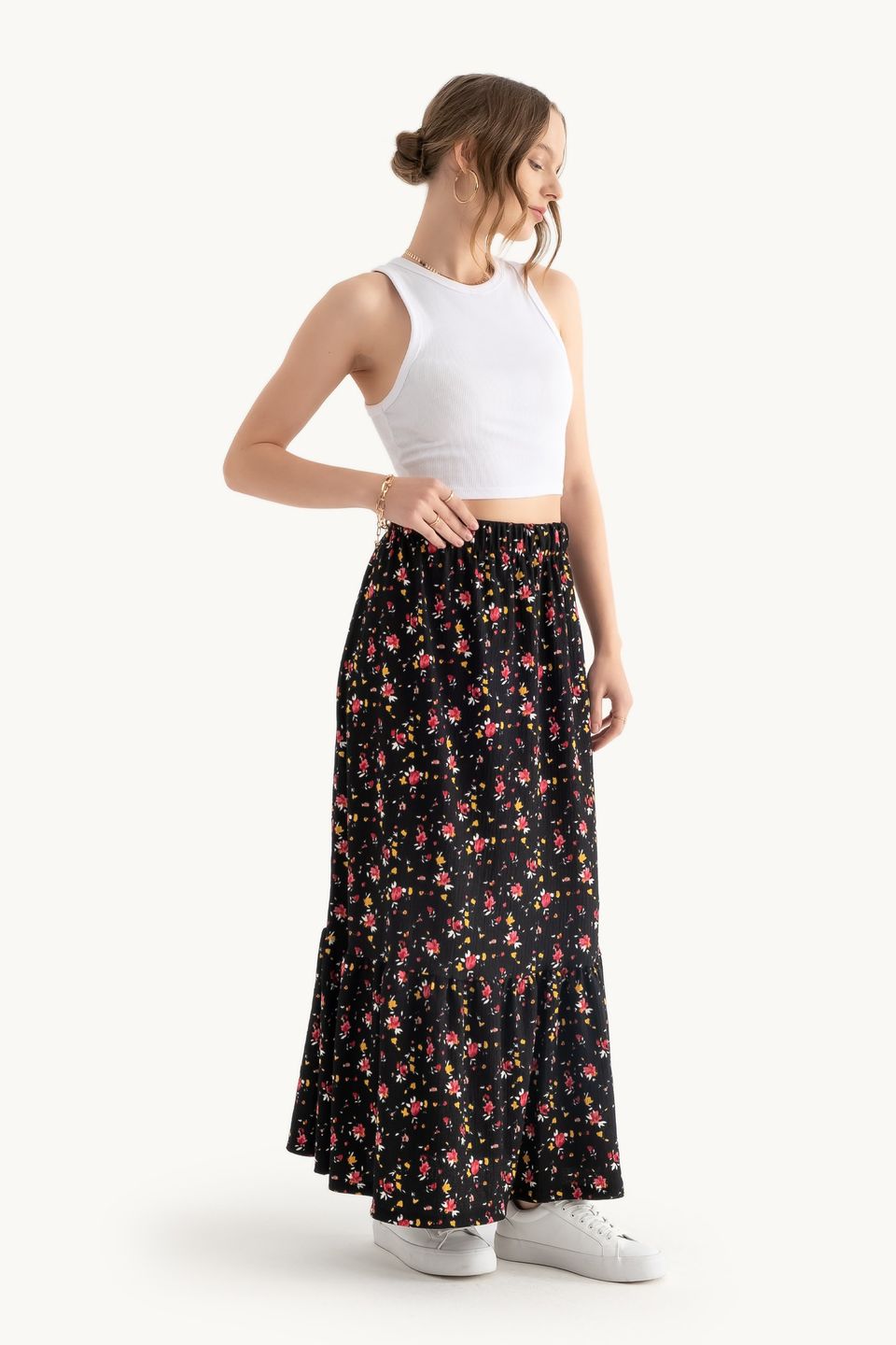 Floral Mid Rise Elastic Waist Maxi Skirt