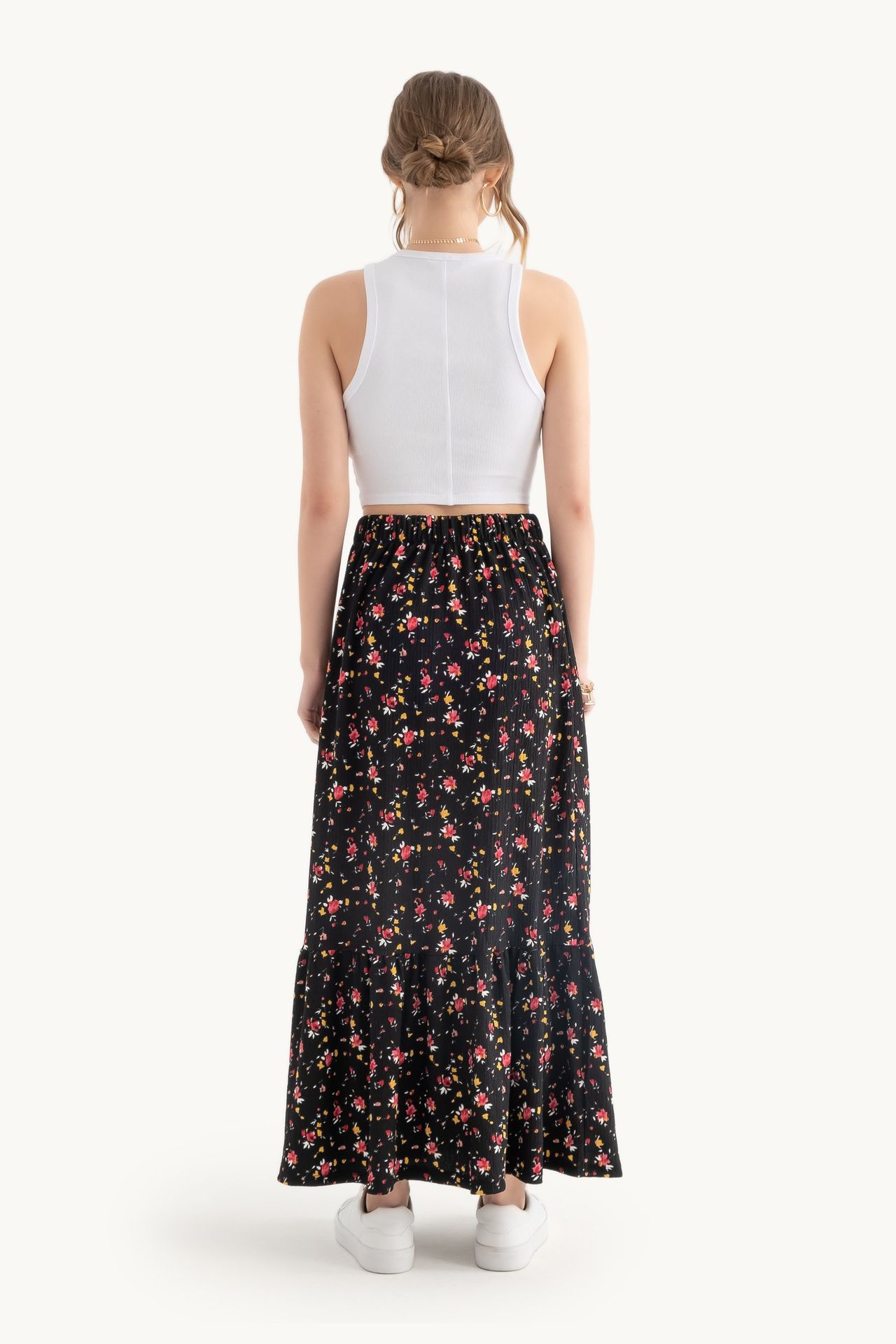 Floral Mid Rise Elastic Waist Maxi Skirt
