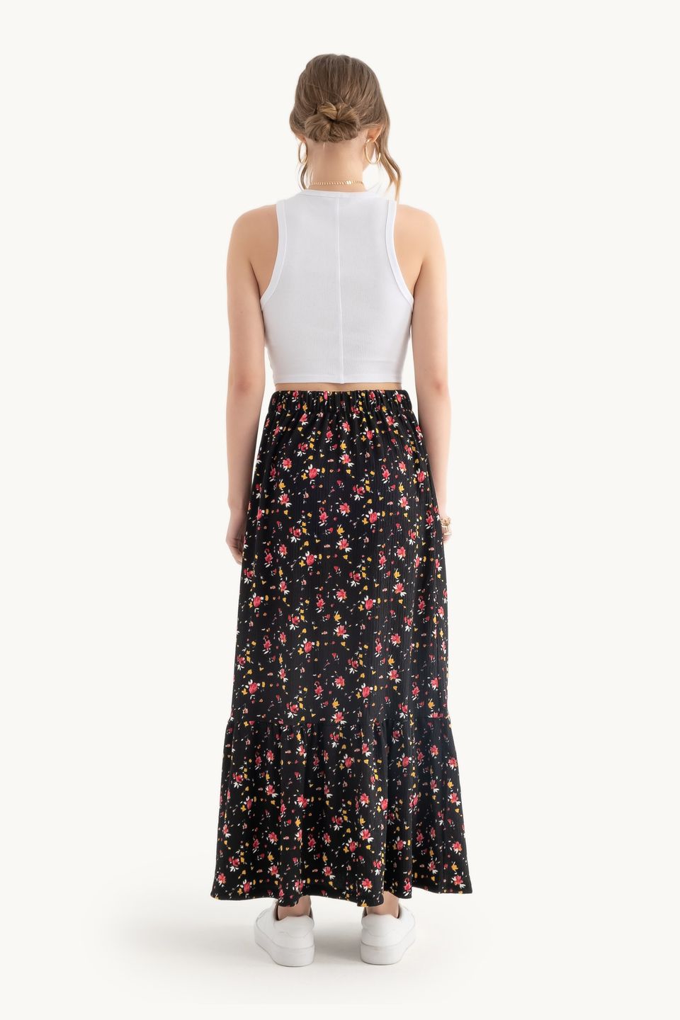Floral Mid Rise Elastic Waist Maxi Skirt